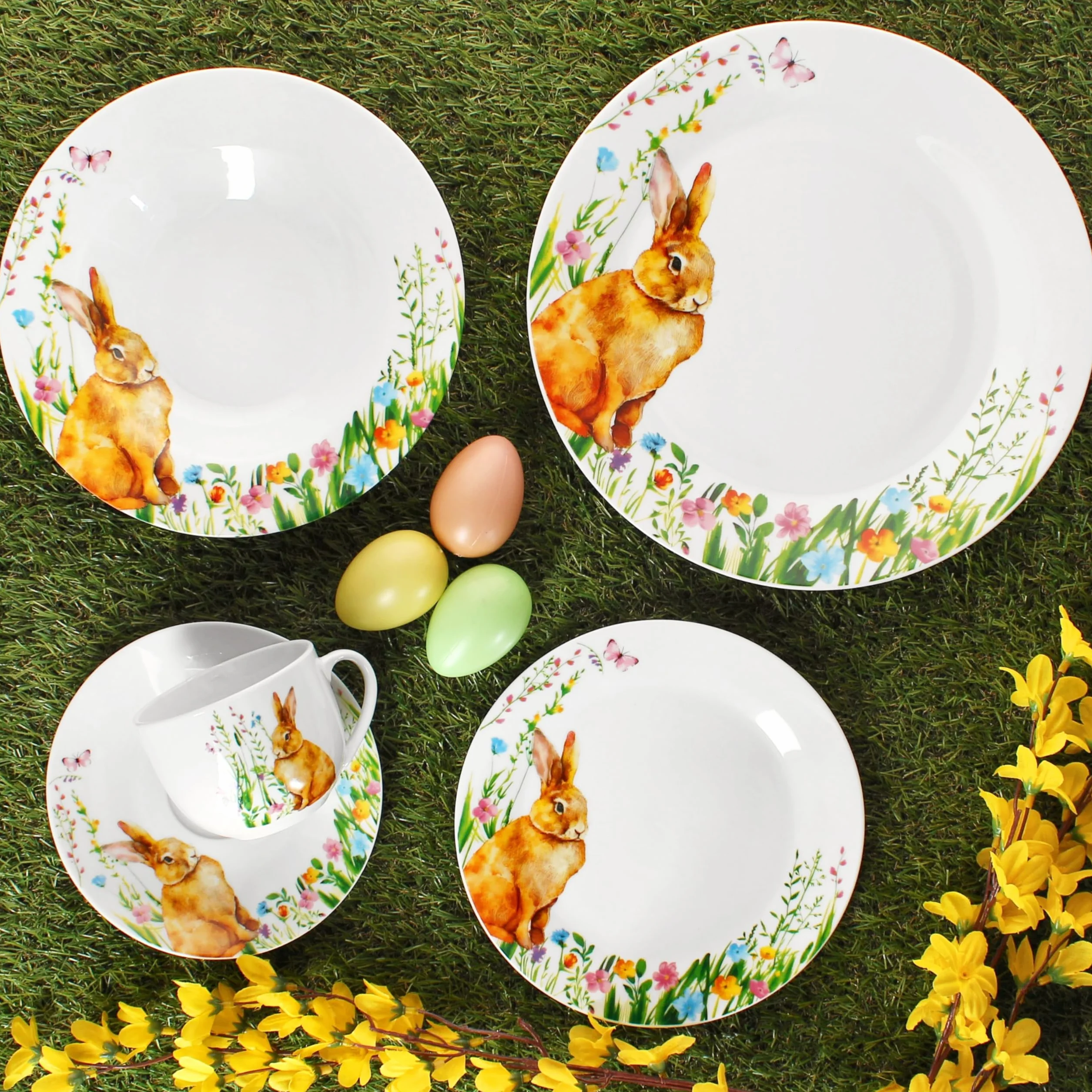 MamboCat 30-częściowy porcelanowy serwis wielkanocny z dekoracją zajączka dla 6 osób