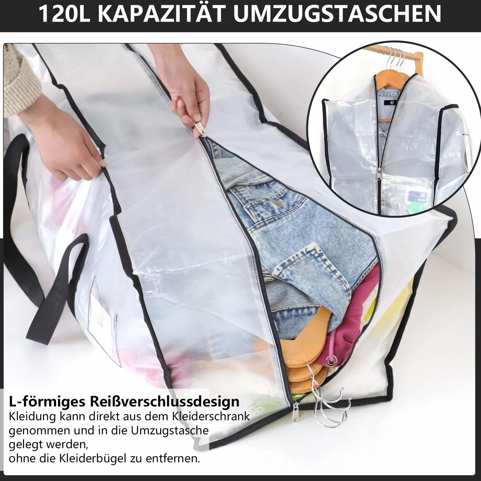 Dntorx 2 sztuki toreb do przechowywania, 120 l, przezroczyste kartony do przeprowadzki, duże pudełka do przeprowadzki, z zamkiem błyskawicznym, uchwyt, składane pudełko do przechowywania, na kemping