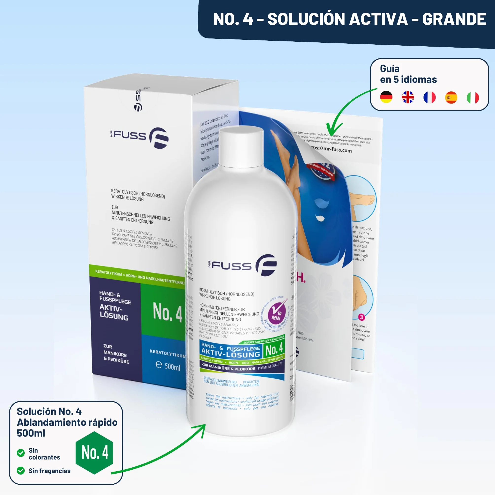 Mr. Fuss Callus Remover roztwór nr 4 500 ml do stóp – płynny środek do usuwania zrogowaciałego naskórka i skórek z natychmiastowym działaniem, do delikatnej pielęgnacji stóp i dłoni