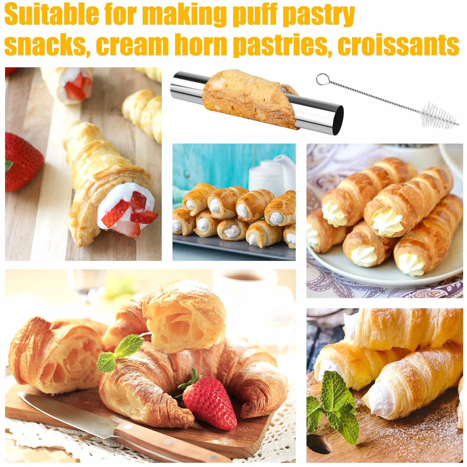 12 sztuk foremek do pieczenia Cannoli ze stali nierdzewnej, 12 x 2 cm, ze szczotką do czyszczenia, zapobiegające przywieraniu, do loków cannoli