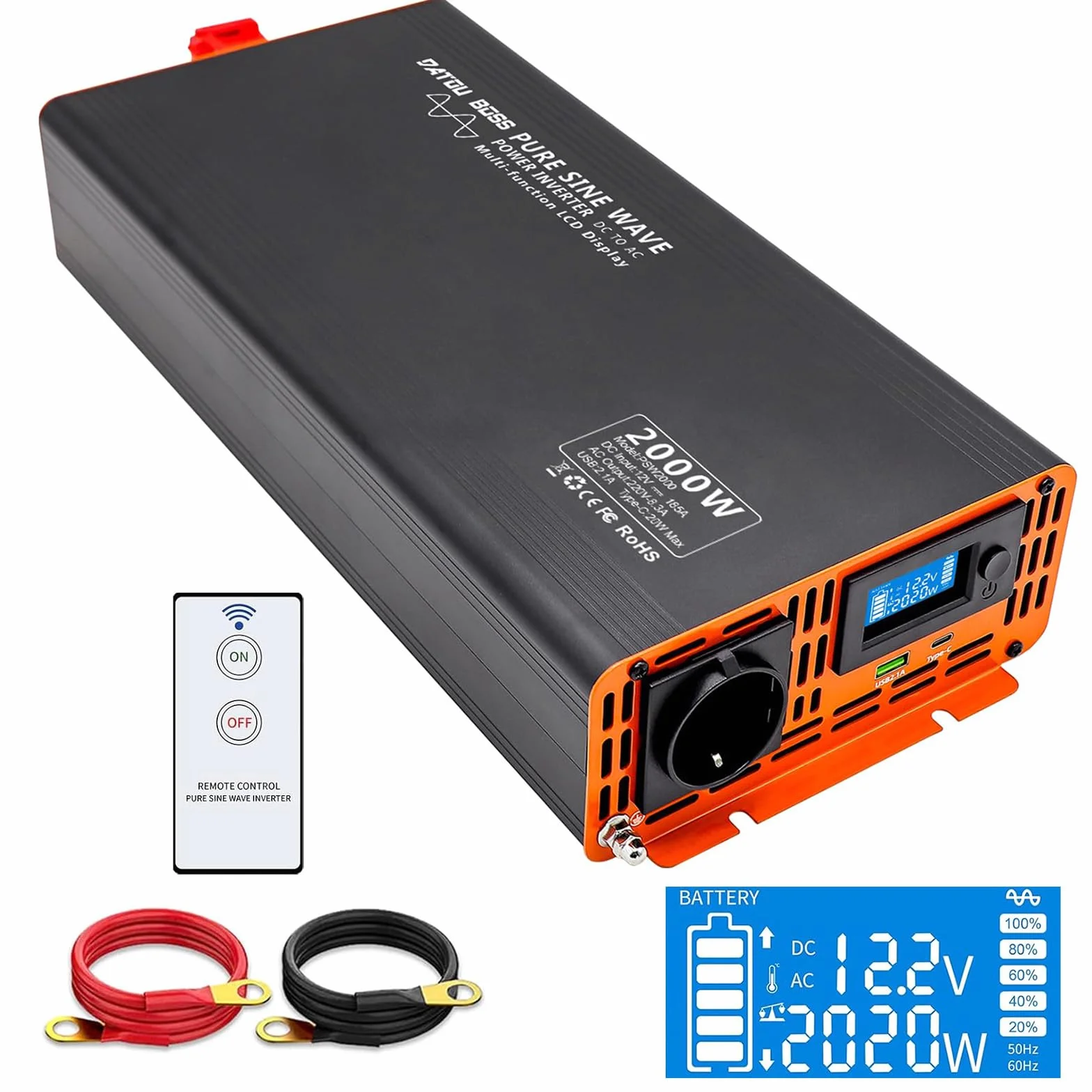 DATOUBOSS Przetwornica Samochodowa 12V 230V Czysty Sinus 2000W/4000W, Inwerter z Pilotem Zdalnego Sterowania i Wyświetlaczem LCD, 1× Gniazdo AC, 1× USB, 1× USB-C
