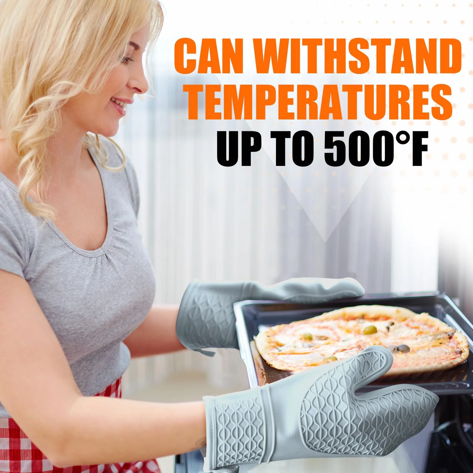 Silicone Oven Mitts Heat Resistant 2PCS with Soft Cotton Lining Waterproof Non-Slip Grip Kitchen Potholder 12.5 Inch Grey