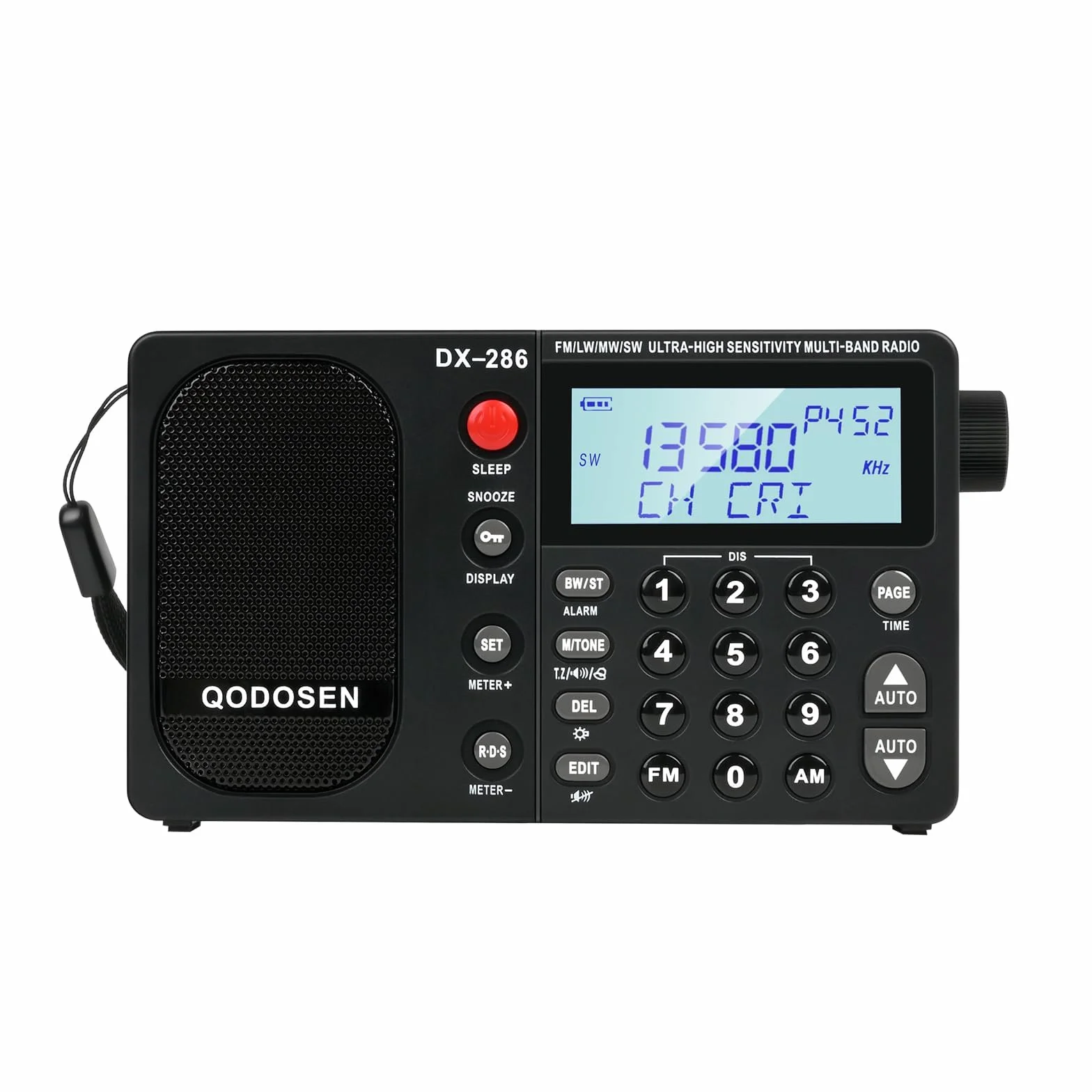 DX-286 Przenośne radio krótkofalowe FM Stereo/AM/LW/SW Bardzo czułe radio pełnopasmowe wykorzystujące układ TEF6686, wyposażone w wyświetlacz LCD, budzik RDS i akumulator 18650 (czarne)