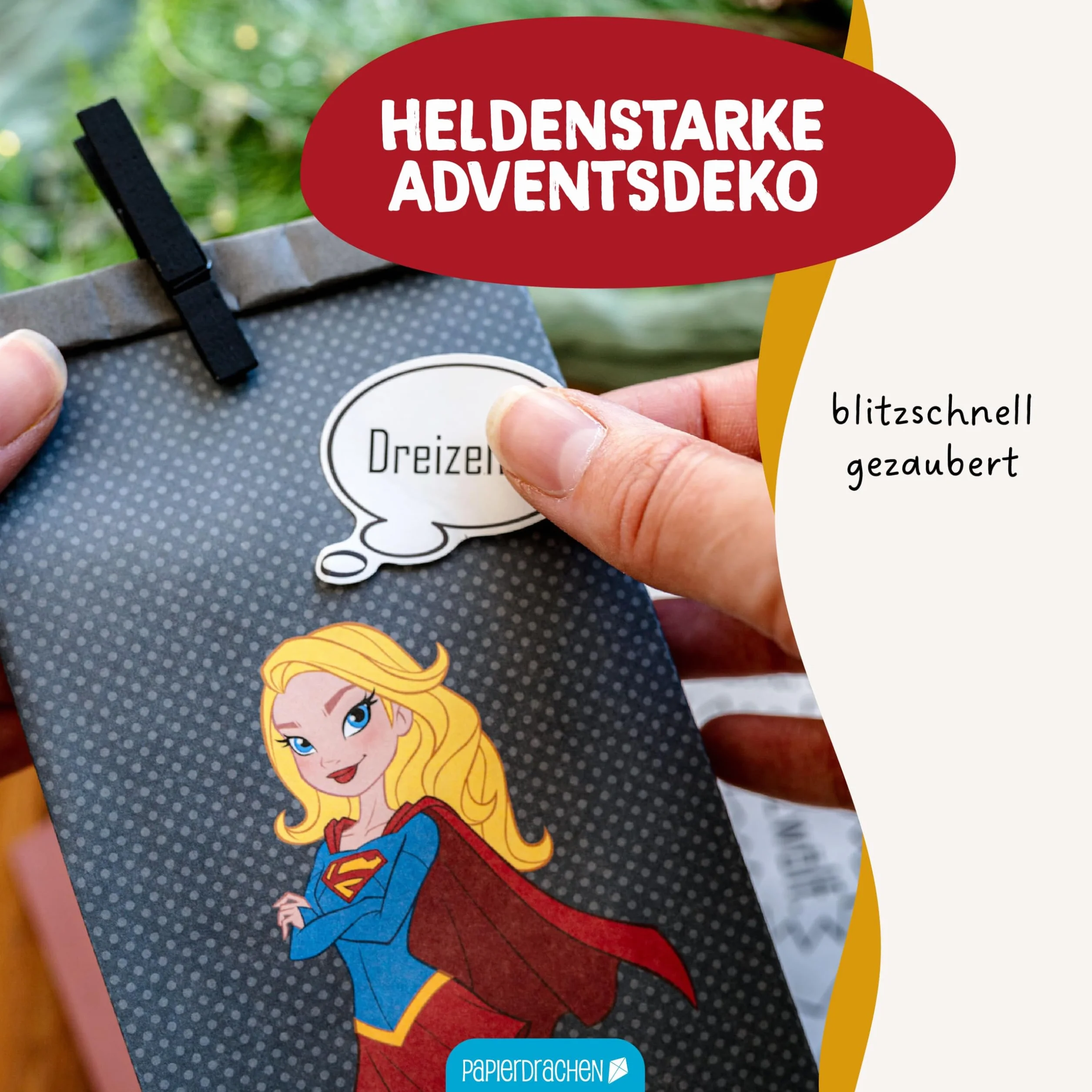 Papierdrachen Kalendarz adwentowy 2025 DC Justice League 8 wzorów zestaw zrób to sam 24 papierowe torebki naklejki drewniane klamerki