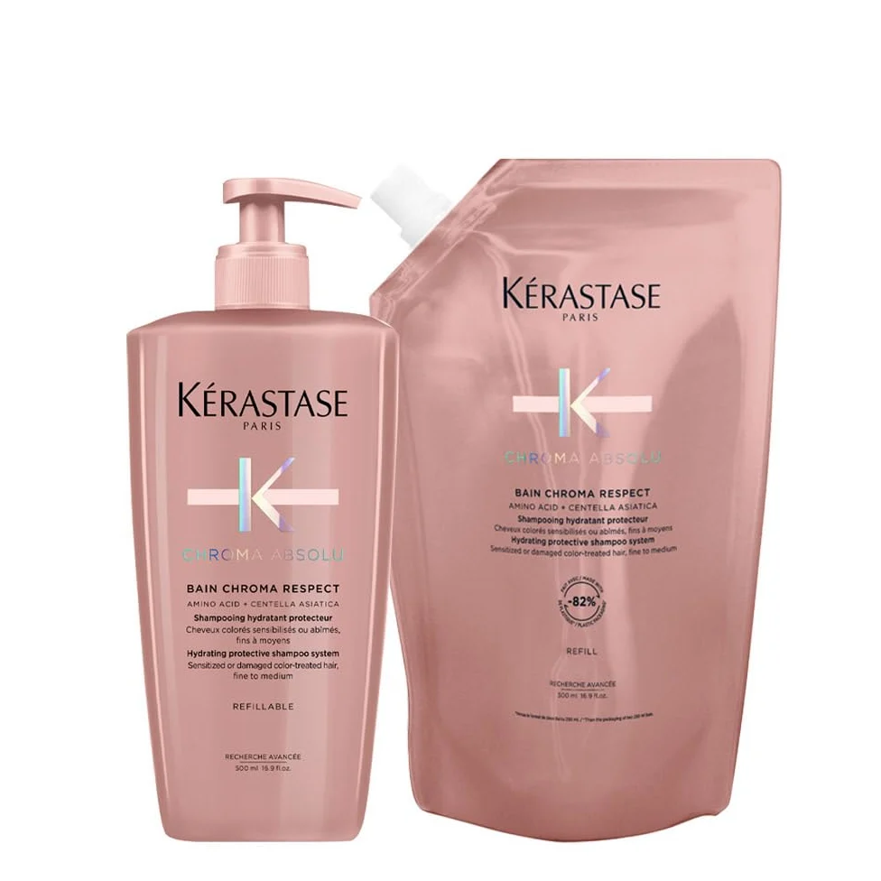Kérastase Chroma Absolu Bain Chroma Respect zestaw uzupełniający, ochronny szampon do włosów farbowanych, zawiera: Chroma Absolu Bain Chroma Respect 500 ml w dozowniku z pompką oraz 500 ml opakowanie