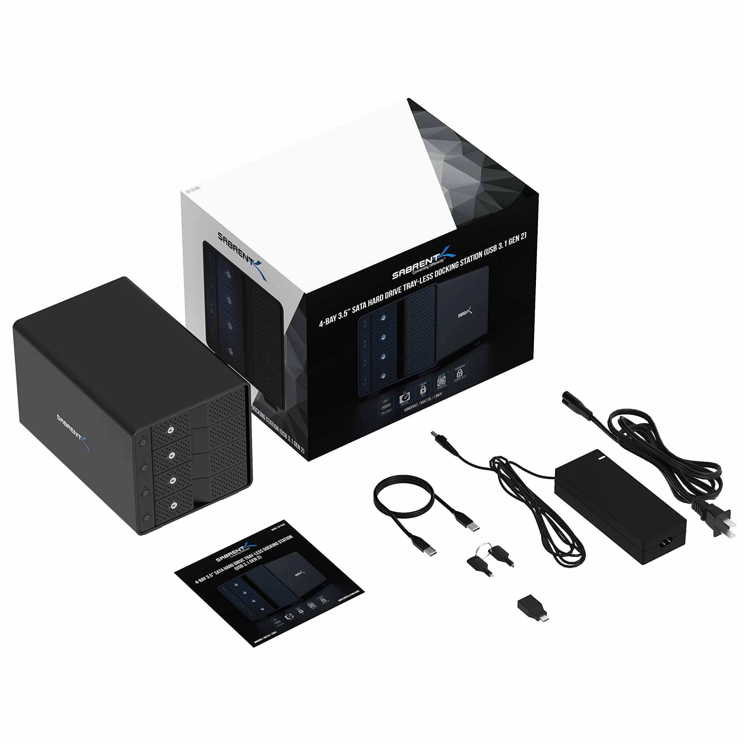 SABRENT 4-wnękowa stacja dokująca do dysku twardego, SSD HDD 2.5 3,5-calowa stacja dokująca SATA, zewnętrzna obudowa SSD, klonowanie offline, przełączniki ON/OFF, bez narzędzi, kable USB typu A i C w