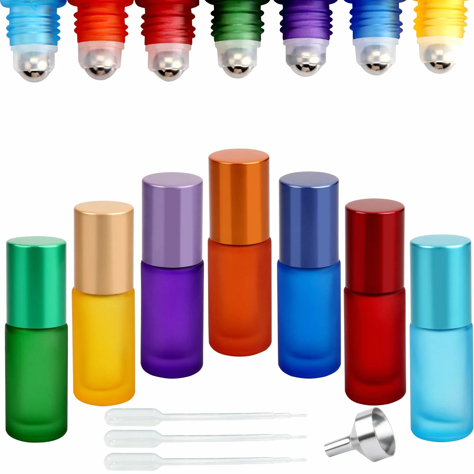 DKBT Roll on szklane butelki na olejki eteryczne, 7 sztuk, puste butelki roll on, 5 ml, z kulkami ze stali nierdzewnej, na olejki eteryczne, perfumy, kosmetyki, masaż (7 kolorów)
