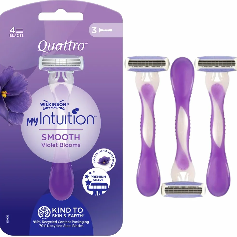 Wilkinson Sword Quattro My Intuition Smooth Violet Blooms - Jednorazowe maszynki do depilacji dla kobiet 4 arkusze nawilżające, golarki do depilacji dla kobiet, wrażliwa skóra, 3 sztuki