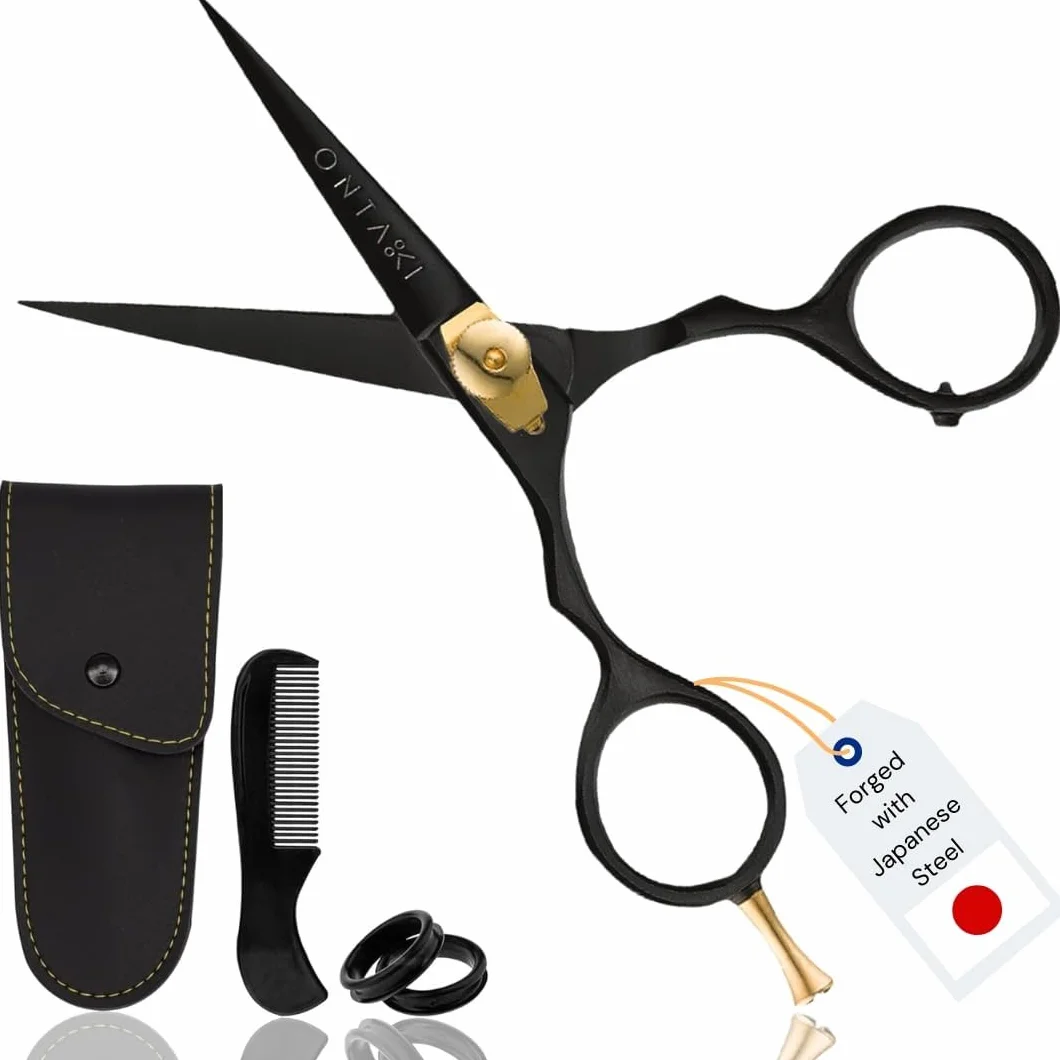 ONTAKI Premium Hand Forged Japans Steel Hair Bangs Scissors Cut Trim Groom Facial Hair Bangs (5,5 Black) Nożyczki do włosów, nożyczki fryzjerskie, nożyczki fryzjerskie (5.5" Black)