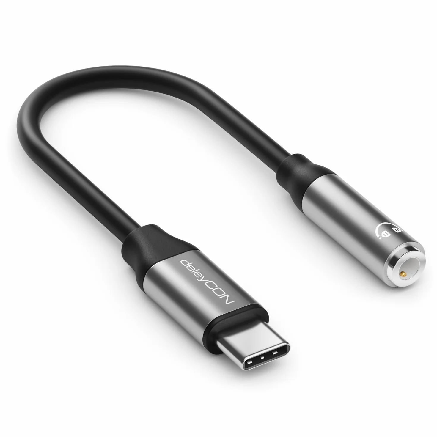 deleyCON USB-C na 3,5mm Adapter Audio ALU - DAC-Chip & TRRS - USB Typ-C Wtyk do Gniazda Klinke - Kompatybilny ze Smartfonem, Tabletem, Słuchawkami, Głośnikiem - Czarny Szary