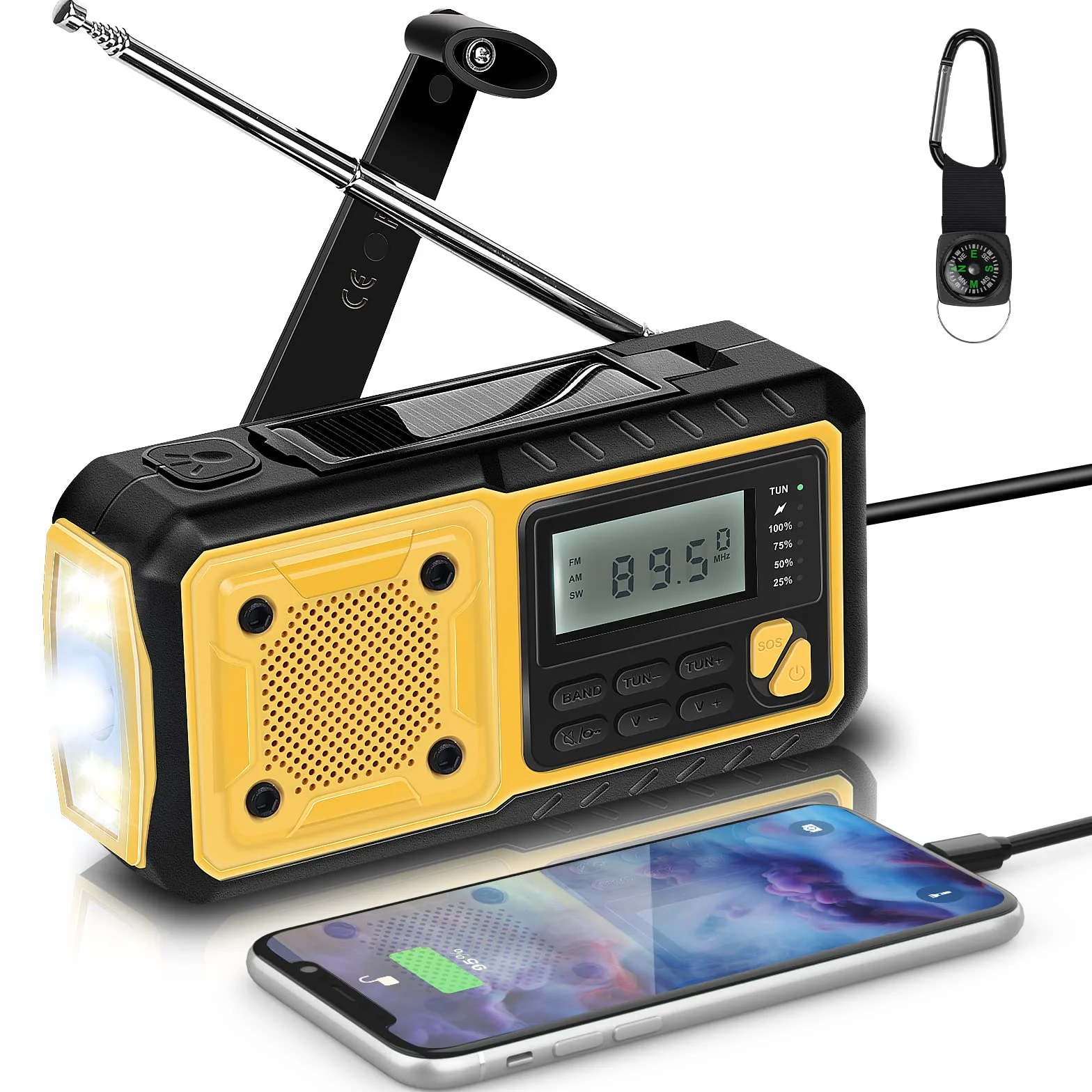 Solarne radio przenośne radio z korbą, radio AM/FM o pojemności 5000 mAh, ładowalna bateria, power bank, radio awaryjne z oświetleniem LED, alarm SOS i kompas, przyłącze do użytku zewnętrznego