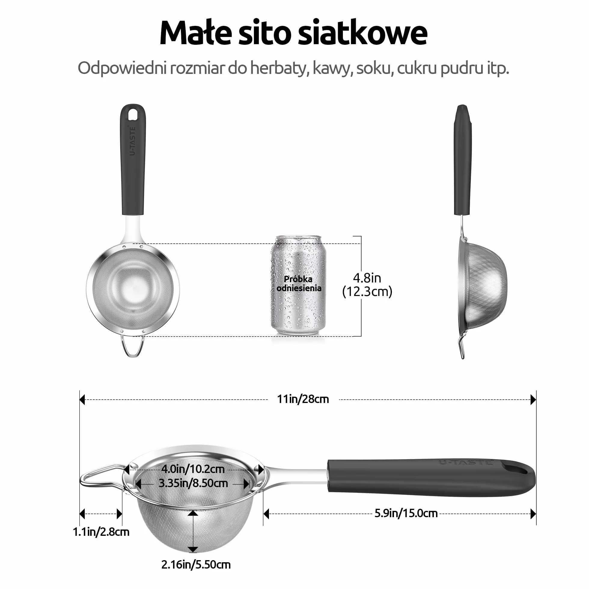 U-Taste Sitko o drobnych oczkach: Małe sitko kuchenne ze stali nierdzewnej 18/8 z nitowanym, wytrzymałym silikonowym uchwytem do przesiewania mąki, herbaty, ryżu Quinoa (8,5 cm, Czarny)