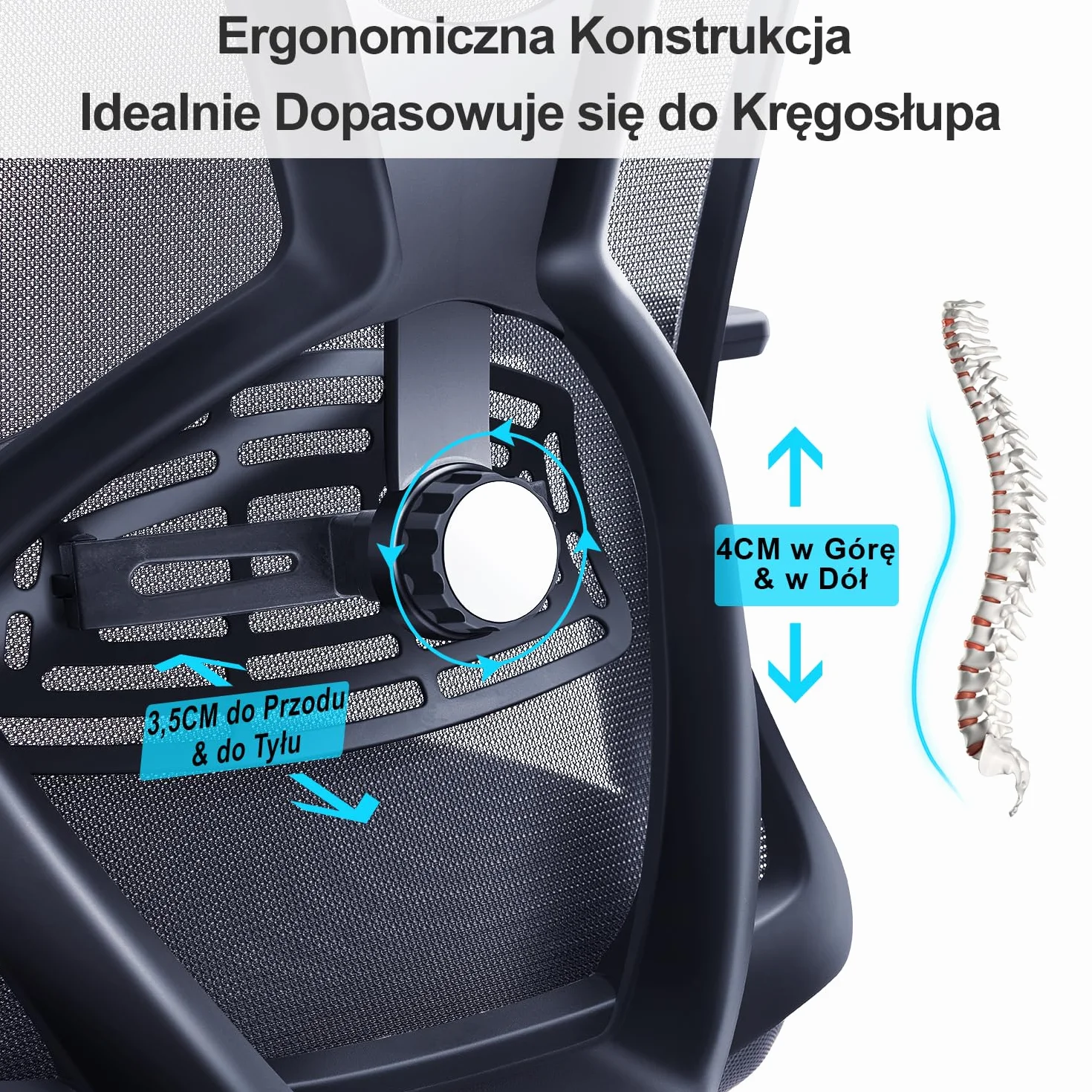 Ticova Ergonomiczne krzesło biurowe z wysokim oparciem, regulowanym podparciem lędźwiowym, zagłówkiem i podłokietnikiem 3D