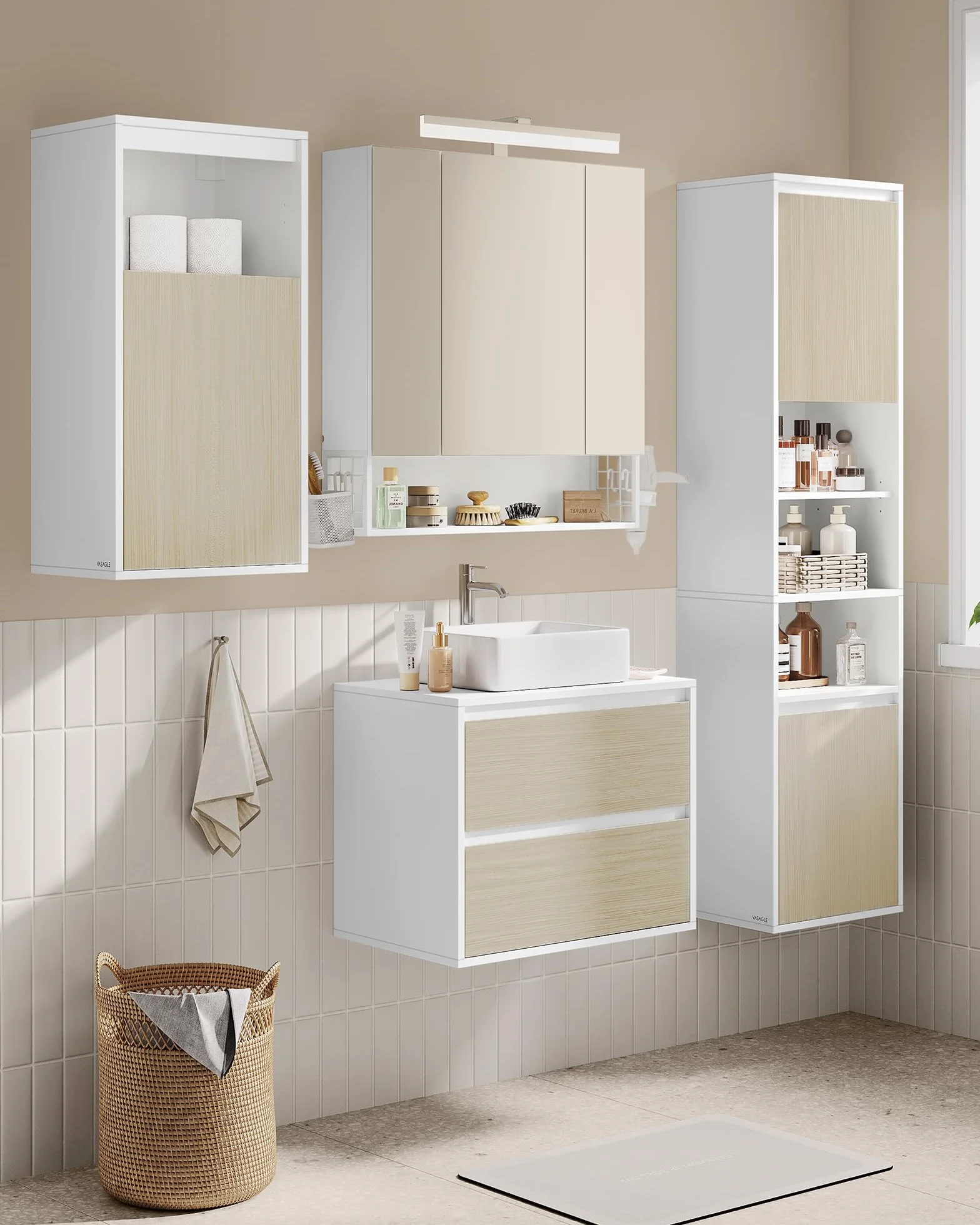 VASAGLE Szafka łazienkowa wisząca 7 przegródek 30x40x160 cm Cloud White-Natural Beige