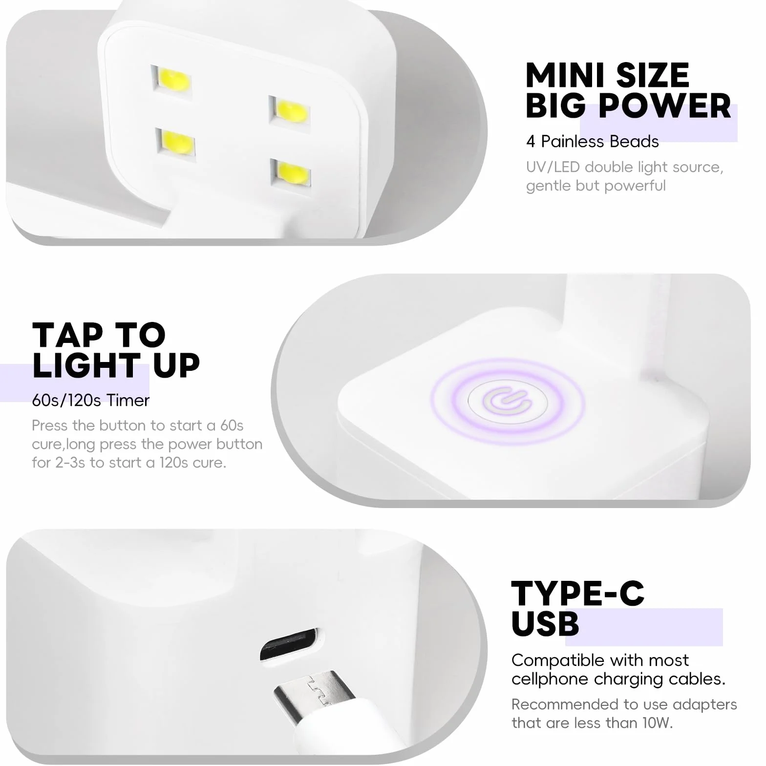 PEACECOLOR Lampa UV Mini – przenośna lampa UV/LED do paznokci z 2 trybami timera, suszarka do paznokci, przeznaczona do kleju do paznokci, lakieru hybrydowego, żelu do przedłużania paznokci oraz cyrko