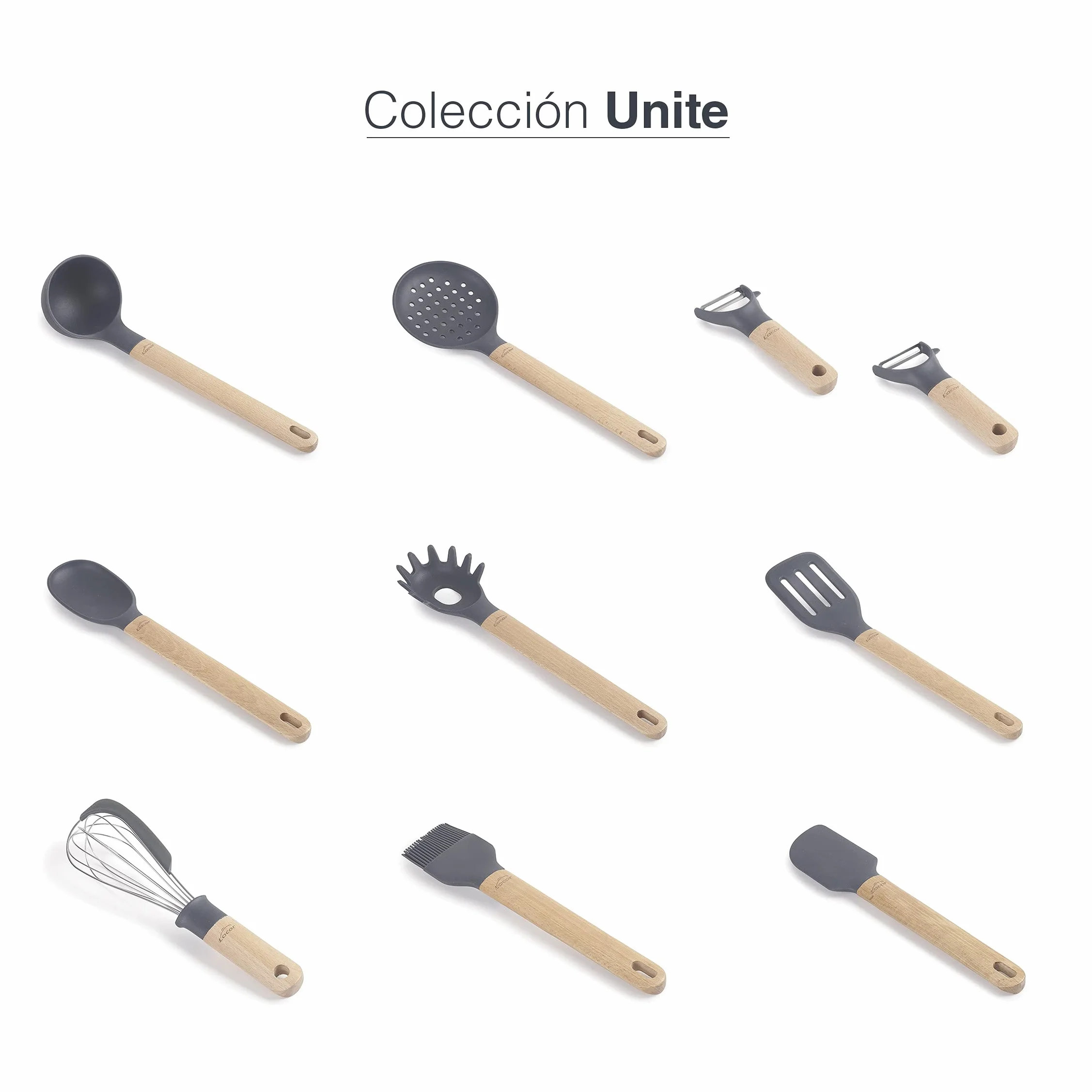 LACOR 68187 - Silikon Unite, Chochla do serwowania, rączka z drewna bukowego, nie szkodzi patelni, odporny na wysokie temperatury, wolny od BPA, Długość: 32,5 cm, Ø9 cm, 130 ml, szary