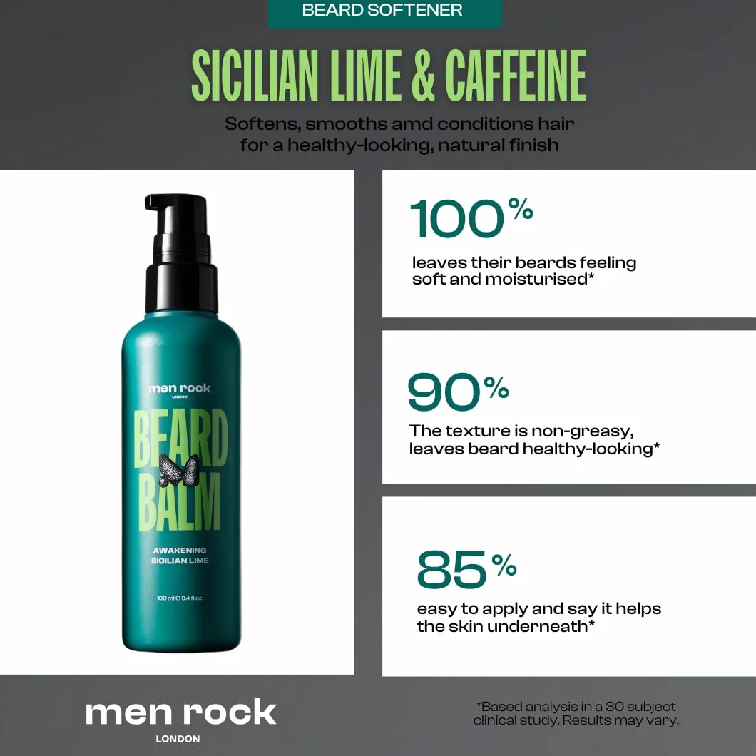 Men Rock Awakening Beard Balm, Perfect as a Leave in Conditioner and Softner, Deeply Conditions Beard Hairs Whilst Hydrating the Skin Underneath, Zesty Sicilian Lime and Caffeine Fragrance 100ml