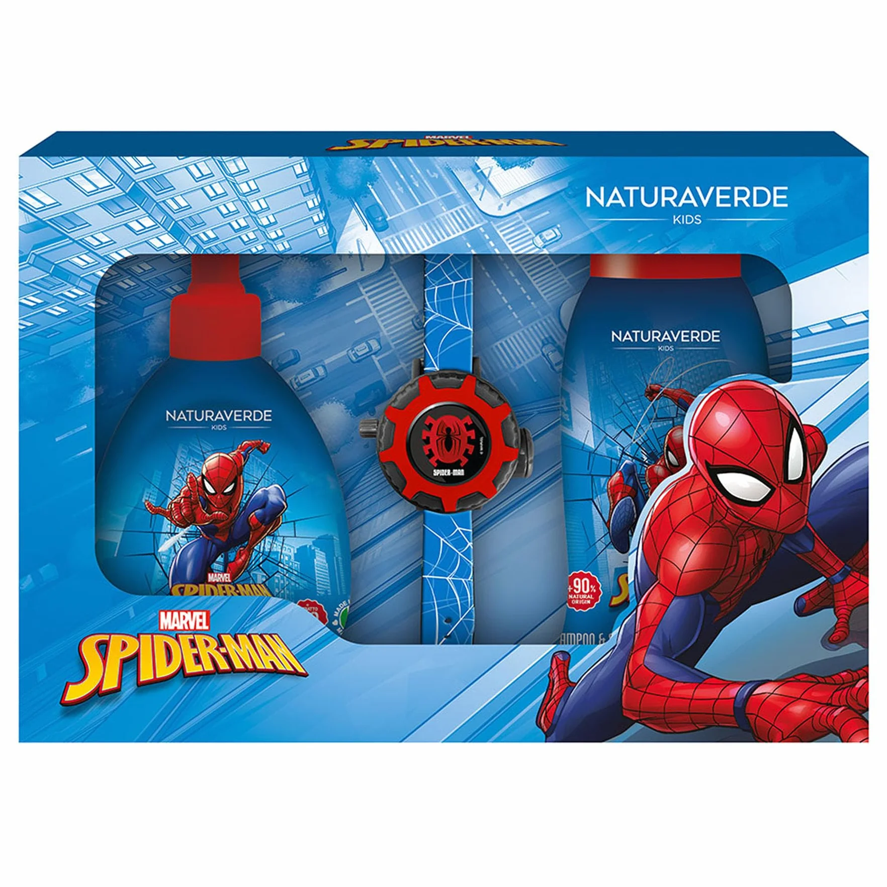 Naturaverde Spiderman Gift Set szampon pod prysznic 250 ml, mydło w płynie 250 ml i zegarek na rękę