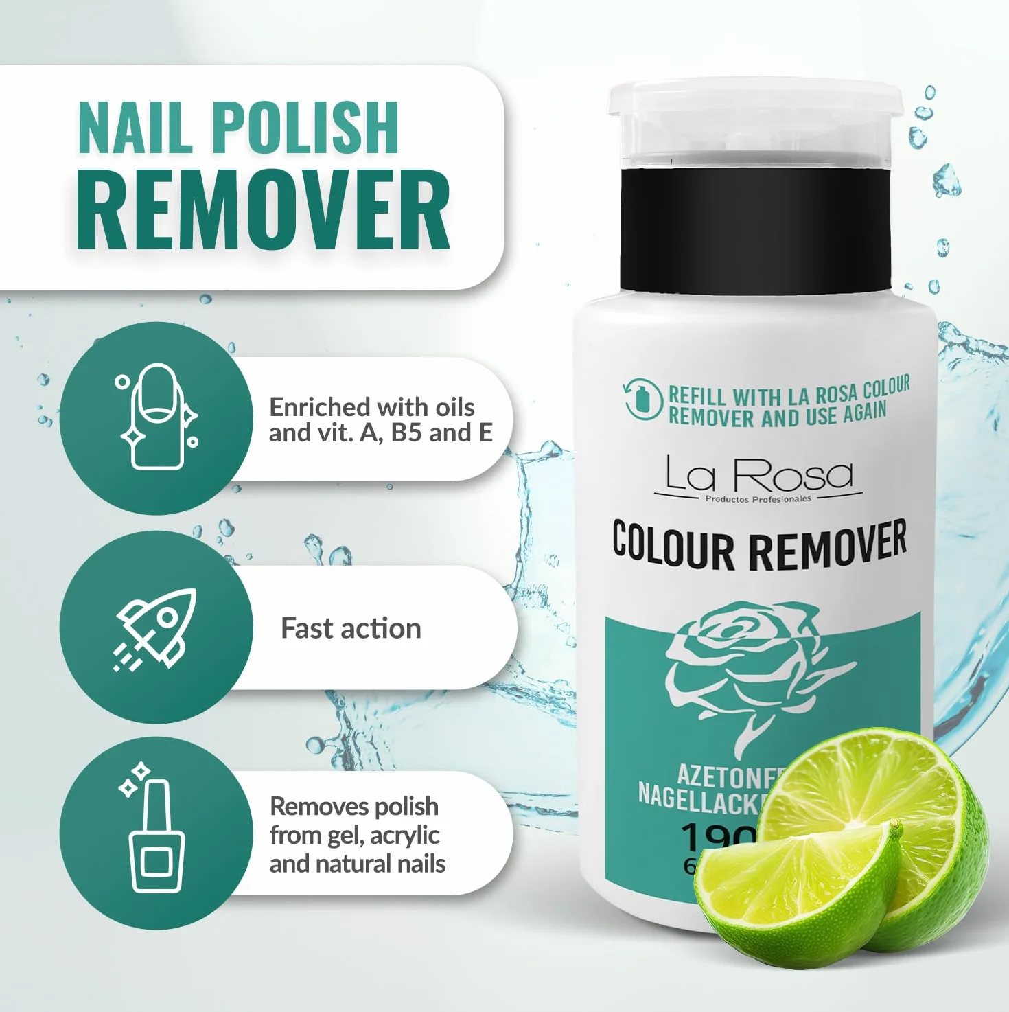 LaRosa Bezacetonowy ZMYWACZ do paznokci 190ml z pompką umożliwiającą oszczędną i wygodną aplikację - COLOUR REMOVER