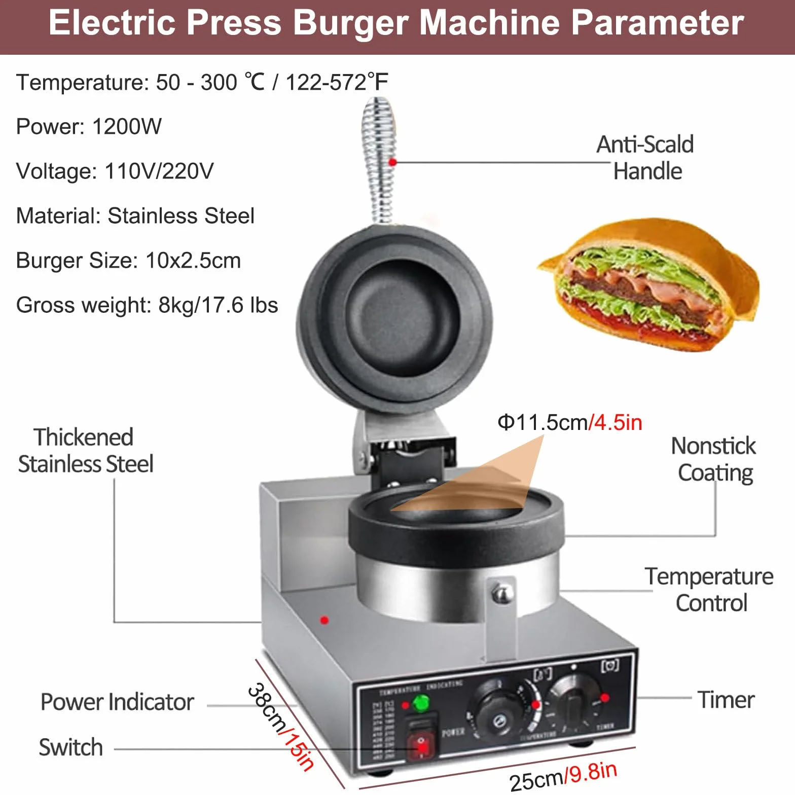 Elektryczna Prasa do Burgerów 50-300℃ Dwustronne Ogrzewanie Maszyna do Lodów Burgerowych