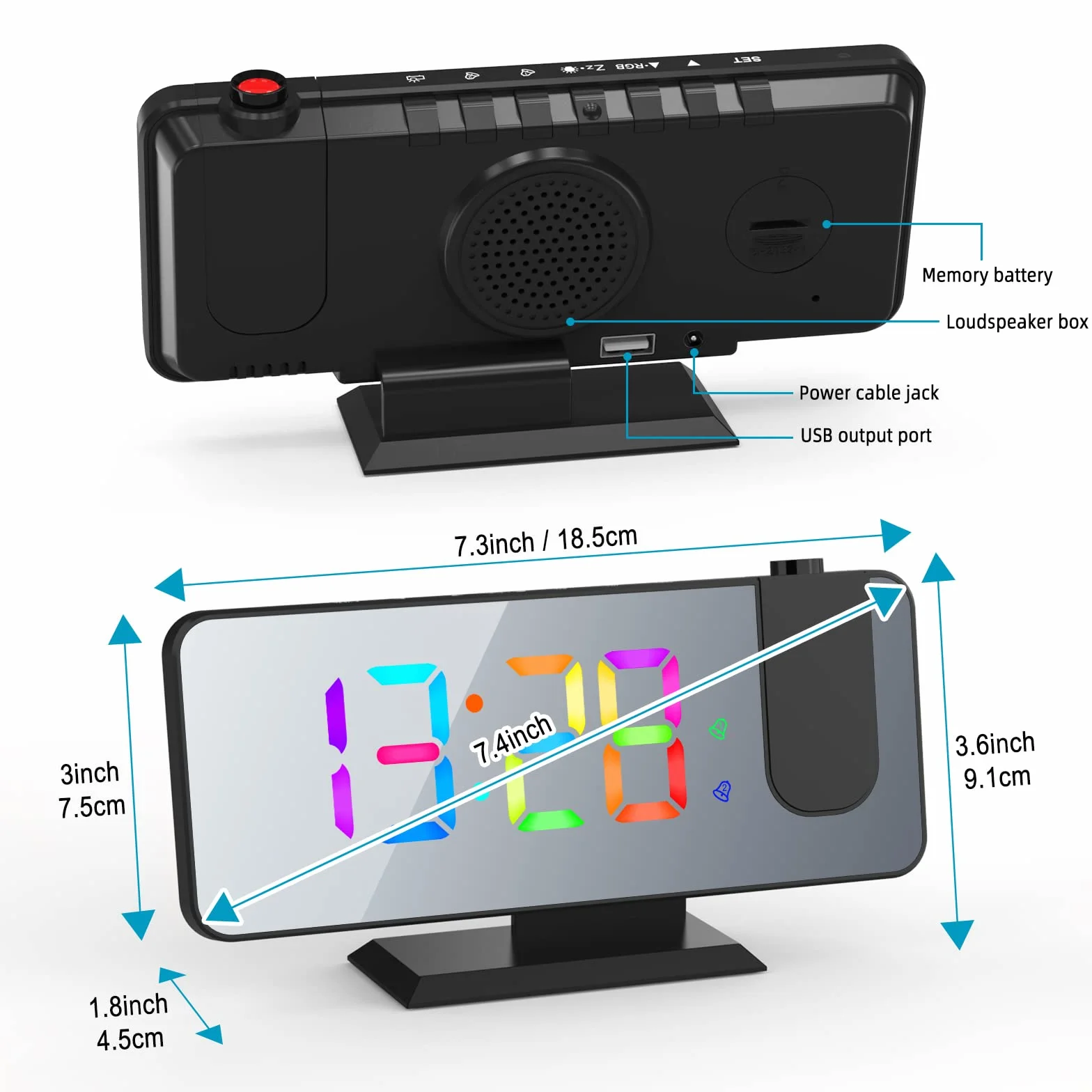 ThreeH Budzik z projektorem z 11 kolorami RGB, zmieniającym się lustrzanym wyświetlaczem LED, cyfrowy zegar z przyłączem USB do ładowania, funkcja drzemki, 6 regulowanych poziomów jasności, czarny