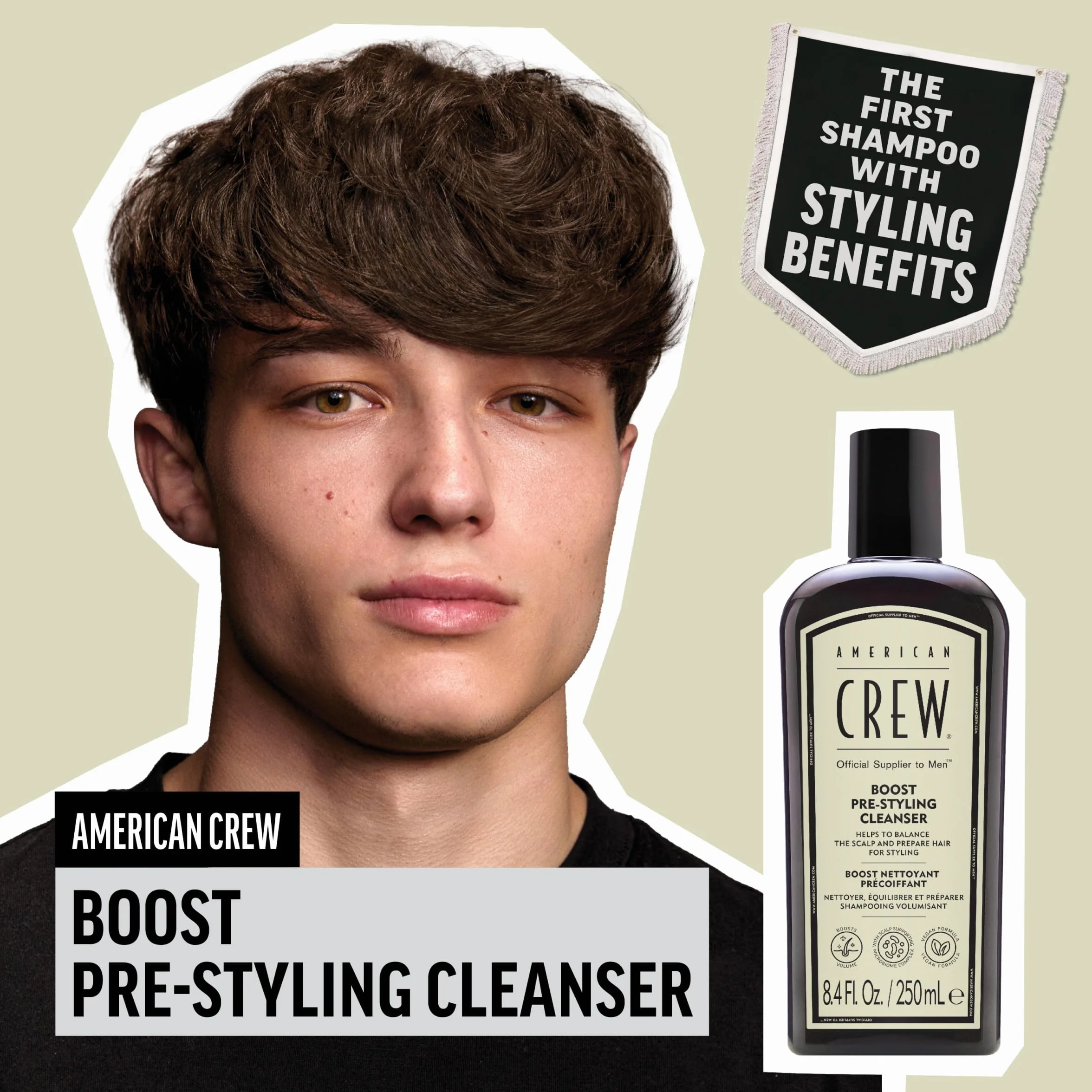 American Crew Boost Pre-Styling Shampoo - Zwiększający objętość produktu do stylizacji dla mężczyzn - Wegański szampon dla mężczyzn z cienkimi lub płaskimi włosami - 250ML