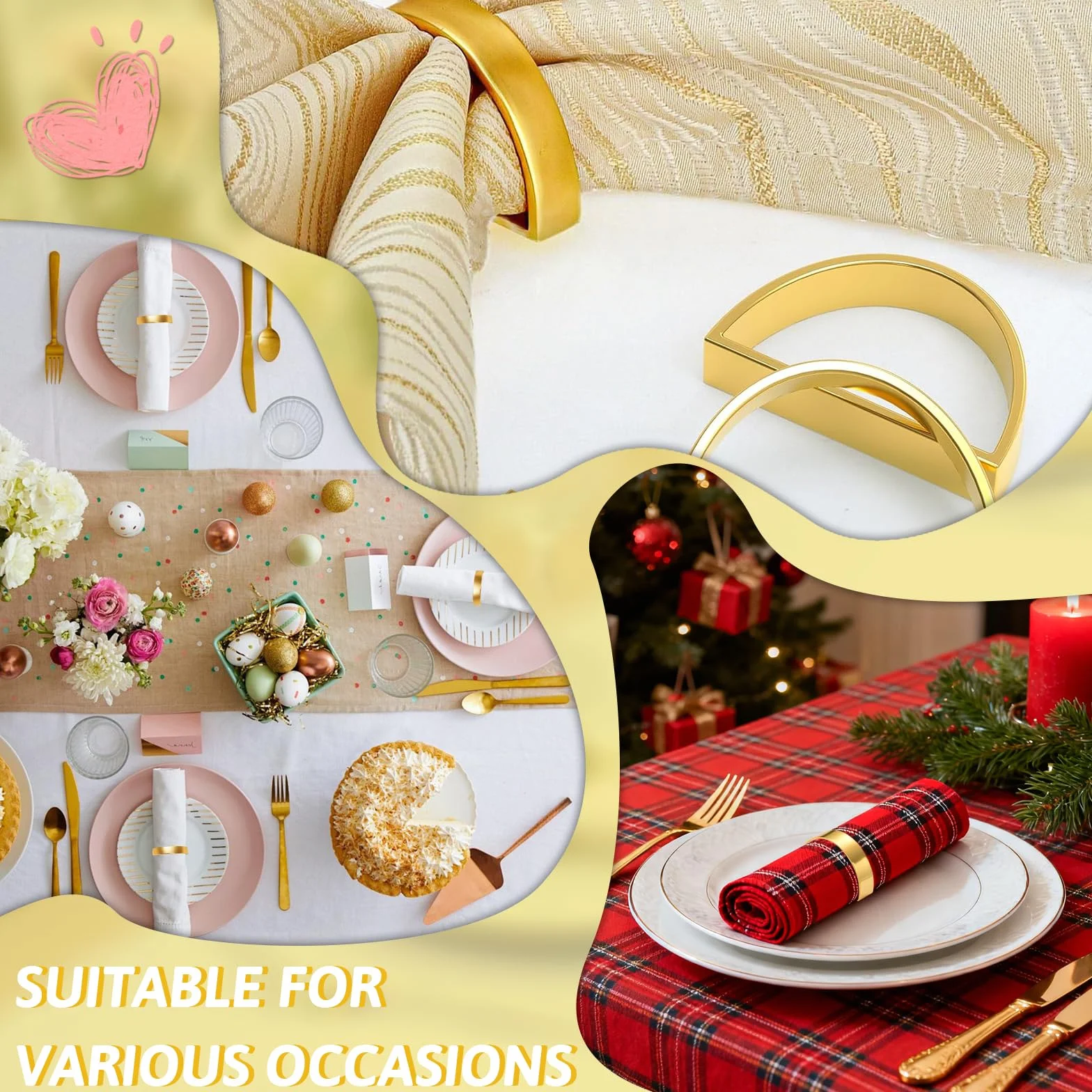 Pierścienie na serwetki złote 12 szt. Eleganckie klamry do serwetek, Pierścienie na serwetki Boże Narodzenie Napkin Rings z metalu do dekoracji stołu Walentynki Wielkanoc Wesele Boże Narodzenie