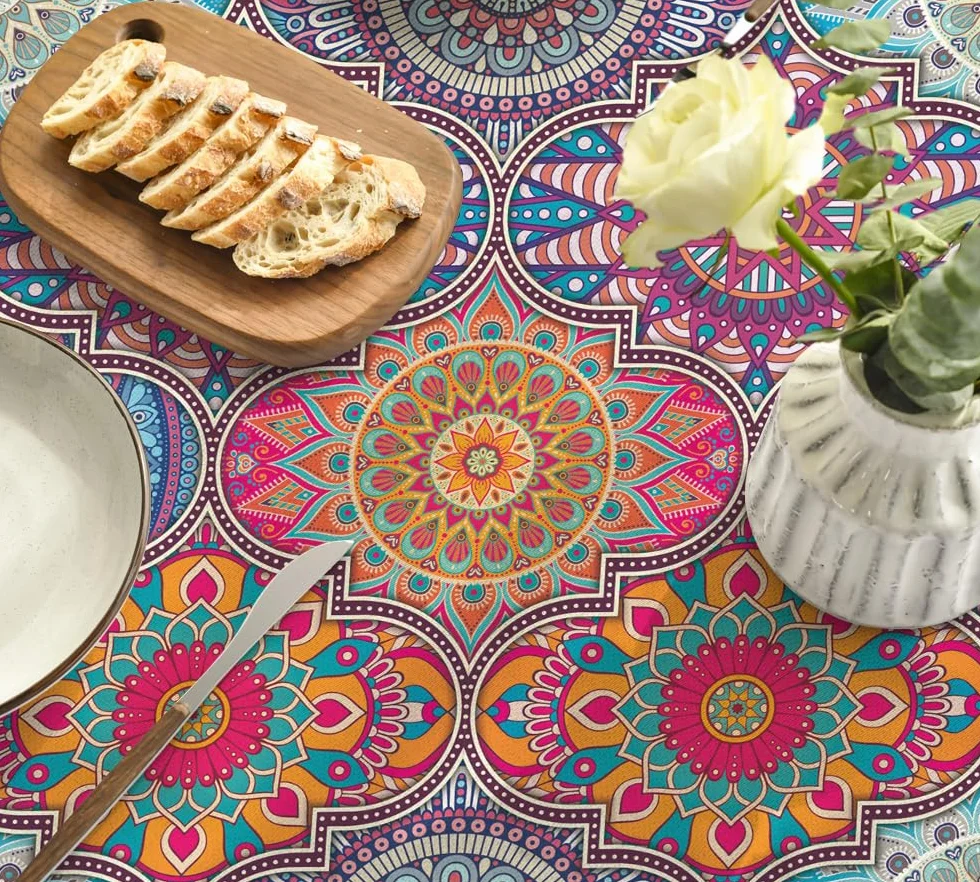 Artoid Mode Marokański obrus w stylu boho, styl vintage, mandala, obrus na stół, dekoracja do użytku w pomieszczeniach, na urlop, imprezę, 120 x 120 cm