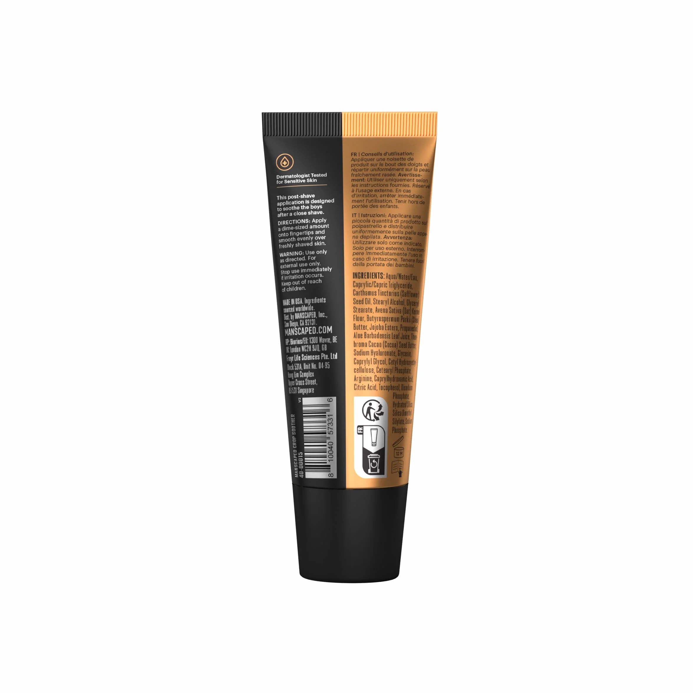 MANSCAPED® Crop Soother™ Płyn po goleniu do pielęgnacji pachwin – z dodatkiem aloesu, koloidalnego owsa, masła shea, masła z nasion kakaowca i oleju szafranowego o działaniu kojącym i łagodzącym