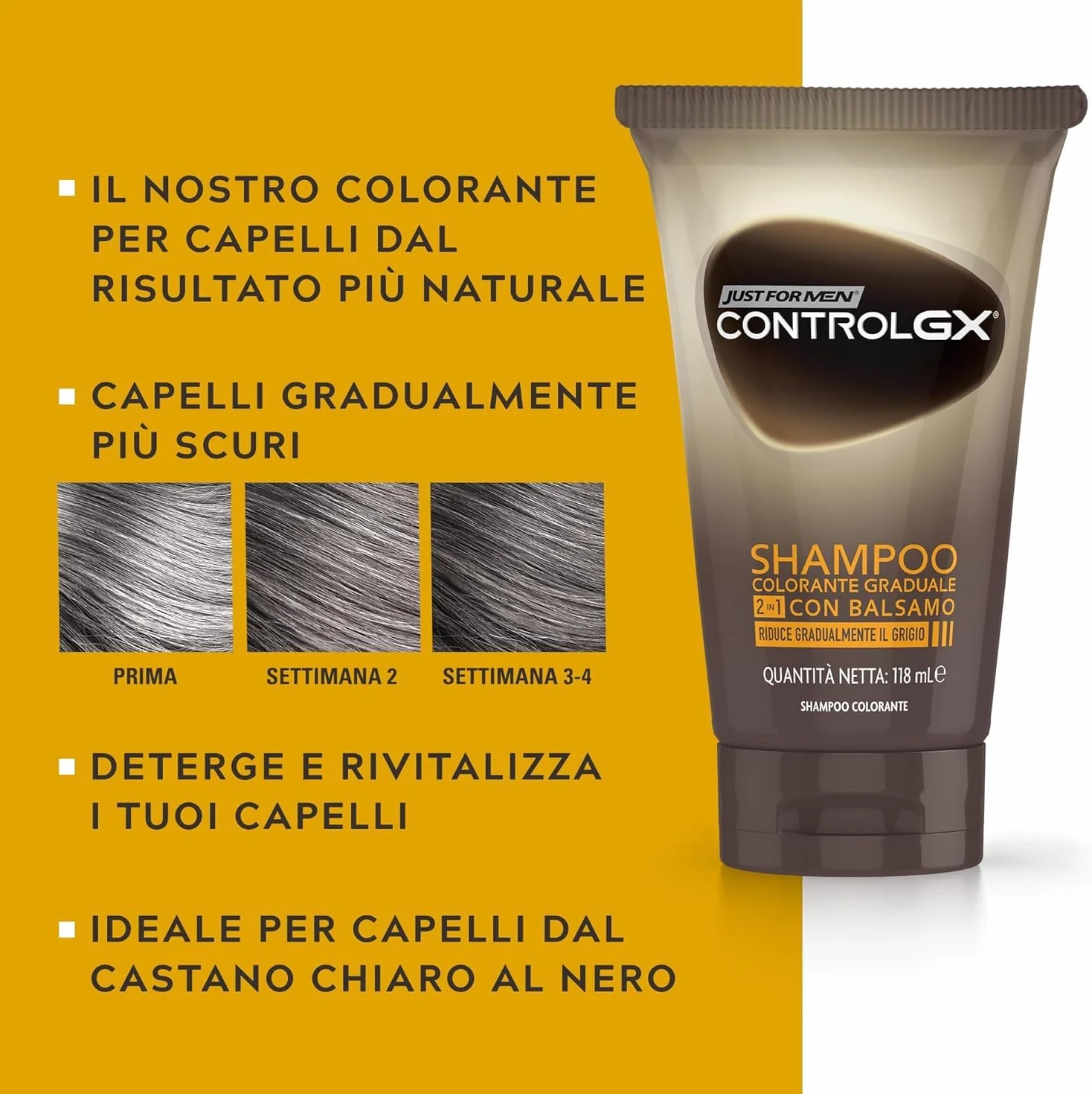 Just for men Control GX, Grey Reducing 2-w-1 Szampon i odżywka do szarego powietrza, nowa formuła ulepszona - Wszystkie odcienie, 118 ml