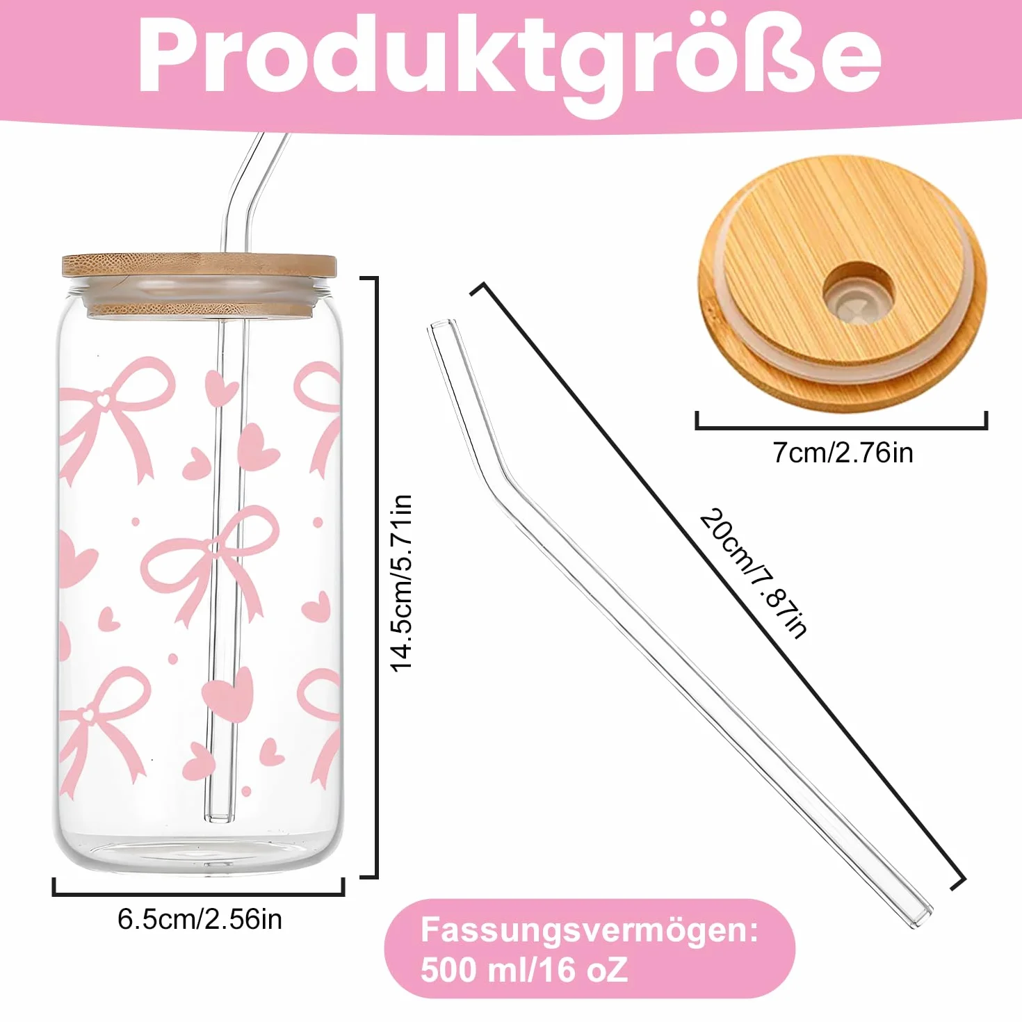 Onperpoe Różowa kokardka, szklanka z pokrywką i słomką, estetyczne szklanki do picia w kształcie puszki, filiżanki do kawy, szklanka do kawy, szklanki koktajlowe, mały prezent dla kobiet, dziewcząt,