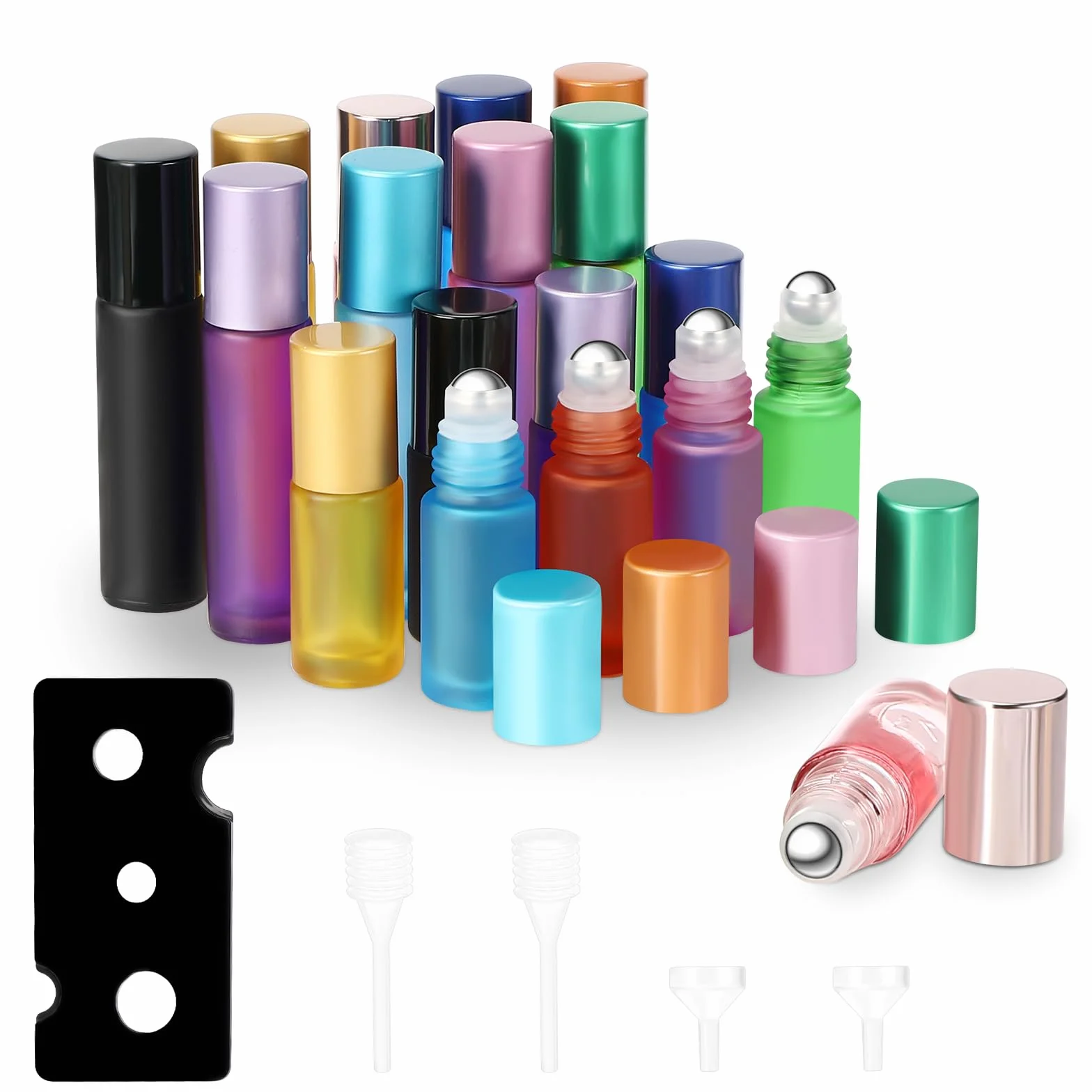 Zikenis 18 szklanych butelek w rolce, w szklanych butelkach 10 ml, 5 ml, z rolką ze stali nierdzewnej, otwieracz do butelek z kroplomierzem, do olejków eterycznych o zapachu do masażu