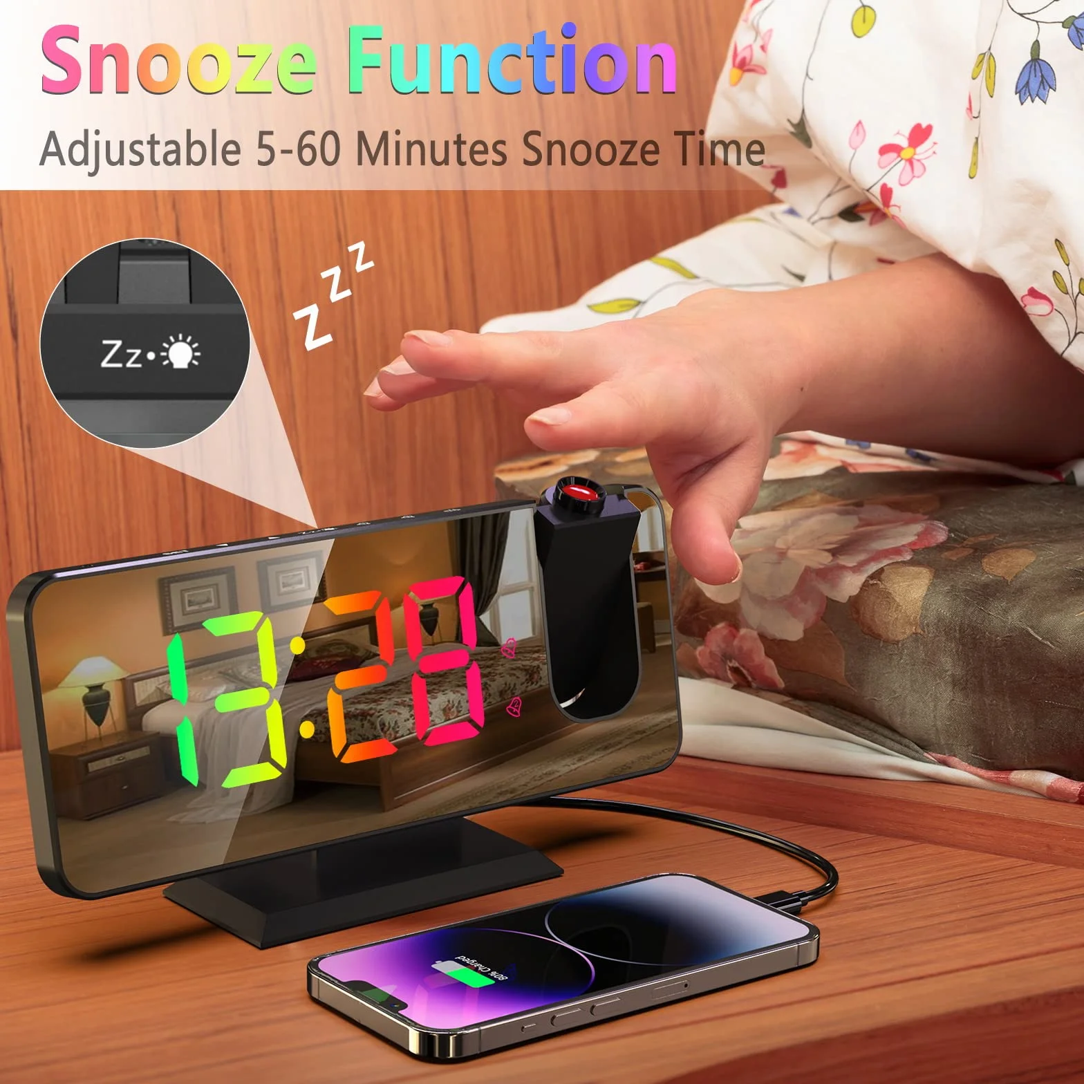 ThreeH Budzik z projektorem z 11 kolorami RGB, zmieniającym się lustrzanym wyświetlaczem LED, cyfrowy zegar z przyłączem USB do ładowania, funkcja drzemki, 6 regulowanych poziomów jasności, czarny