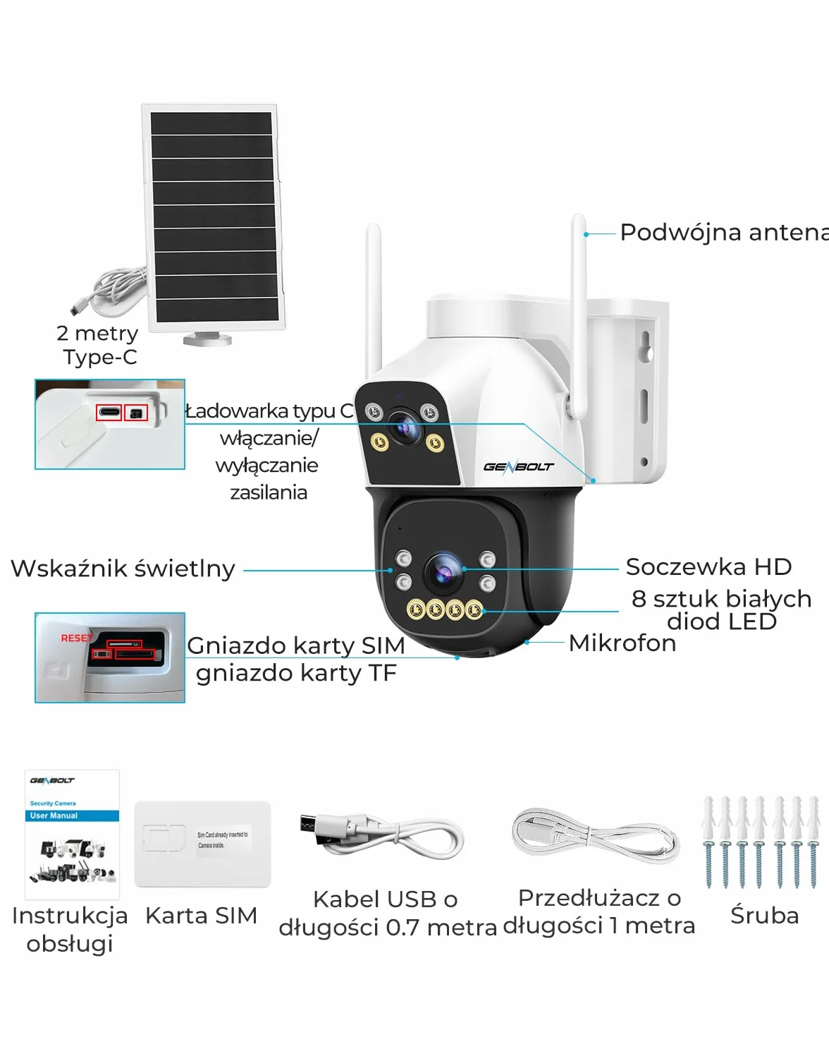 GENBOLT 4G AOV Kamera Zewnętrzna Solarna, Nagrywanie 24/7 3MP+3MP CCTV Zewnętrzna Kamera Monitoringu z wykrywaniem AI z kartą SIM, Kamera IP Zewnętrzna 8W 15600mAh, Automatyczne śledzenie