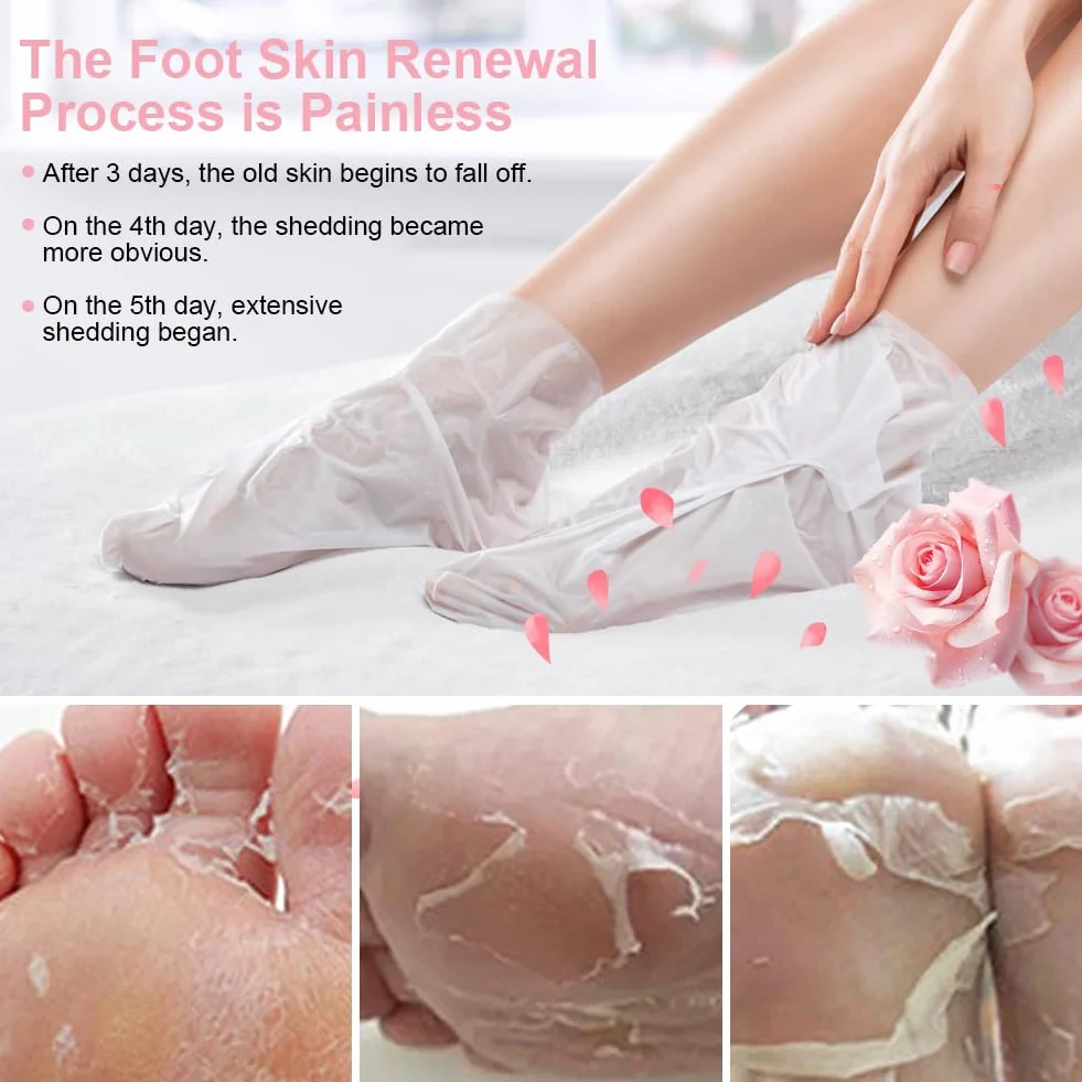 Maseczka do peelingu stóp, 4 pary maski do stóp peeling z różowym zapachem, usuwanie martwej skóry zrogowaciały skarpetki peeling do stóp, nawilżające złuszczające skarpetki dla mężczyzn i