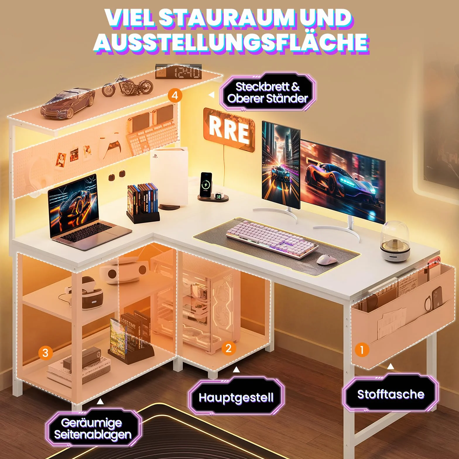 YOUDENOVA Biurko gamingowe w kształcie litery L z diodami LED, gniazdkiem i wejściem USB, dwustronne biurko narożne z regałem i ścianką perforowaną, 120 x 80 cm, biurko komputerowe z miejscem do