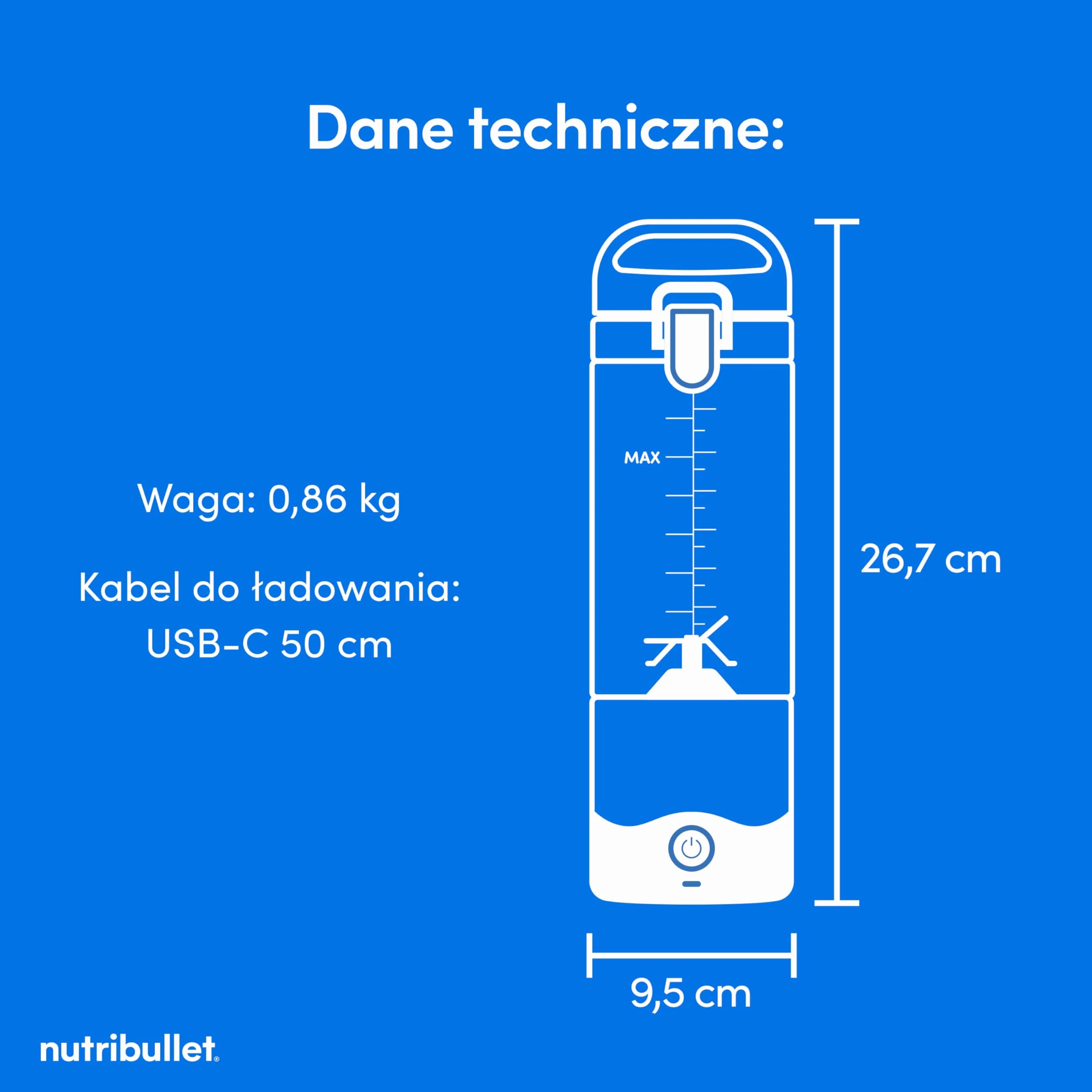 Nutribullet Lekki Przenośny Blender, 475 ml bez BPA Tritan, Mini Blender, 4-Stronne Ostrze ze Stali Nierdzewnej, Wielofunkcyjny, Ładowarka USB-C, ponad 15 Cykli Mieszania, Biały, NBP003W