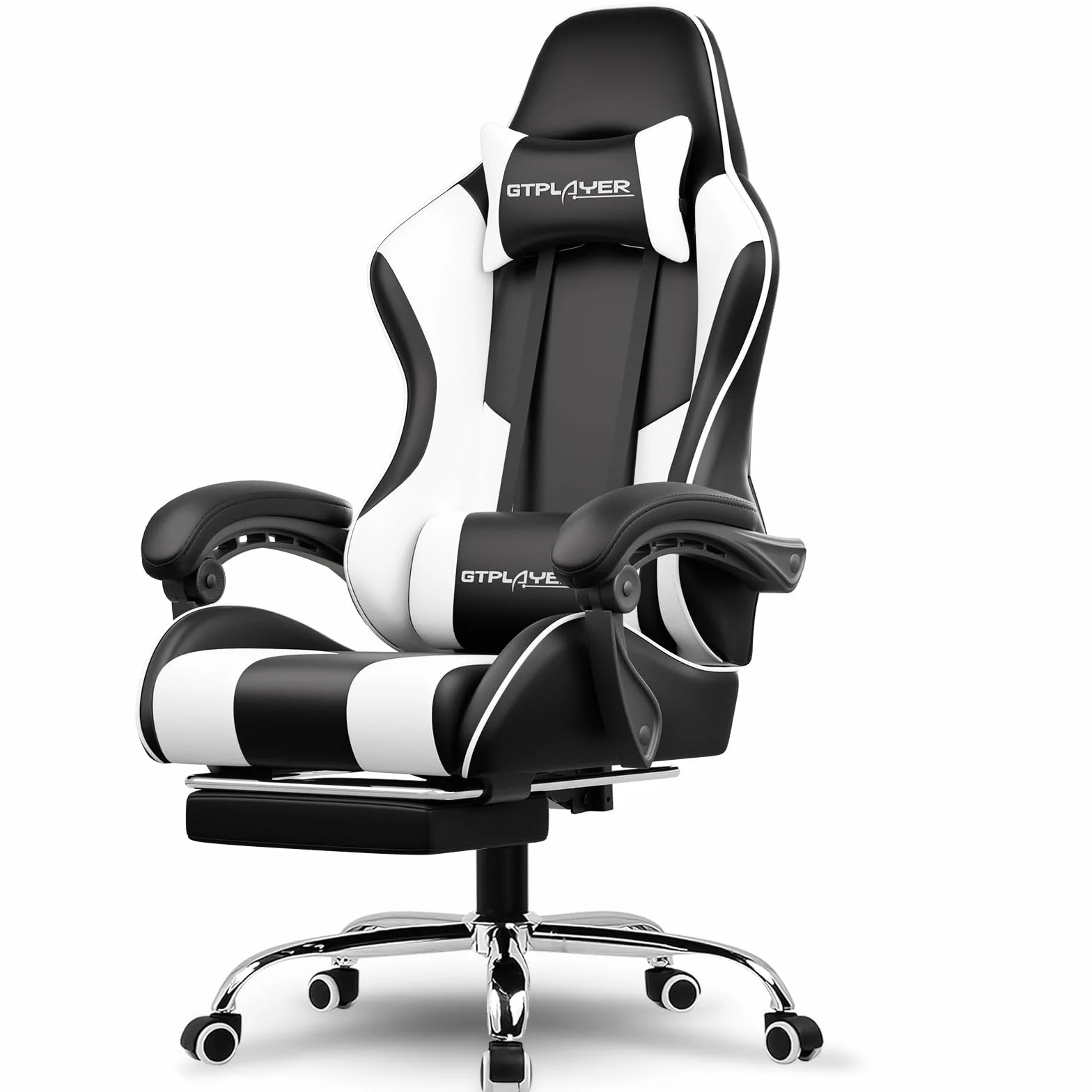 GTPLAYER Fotel gamingowy, ergonomiczny fotel komputerowy z podnóżkiem i podparciem lędźwiowym, fotel gamingowy z regulacją wysokości, z siedziskiem obrotowym o 360° i zagłówkiem, biały