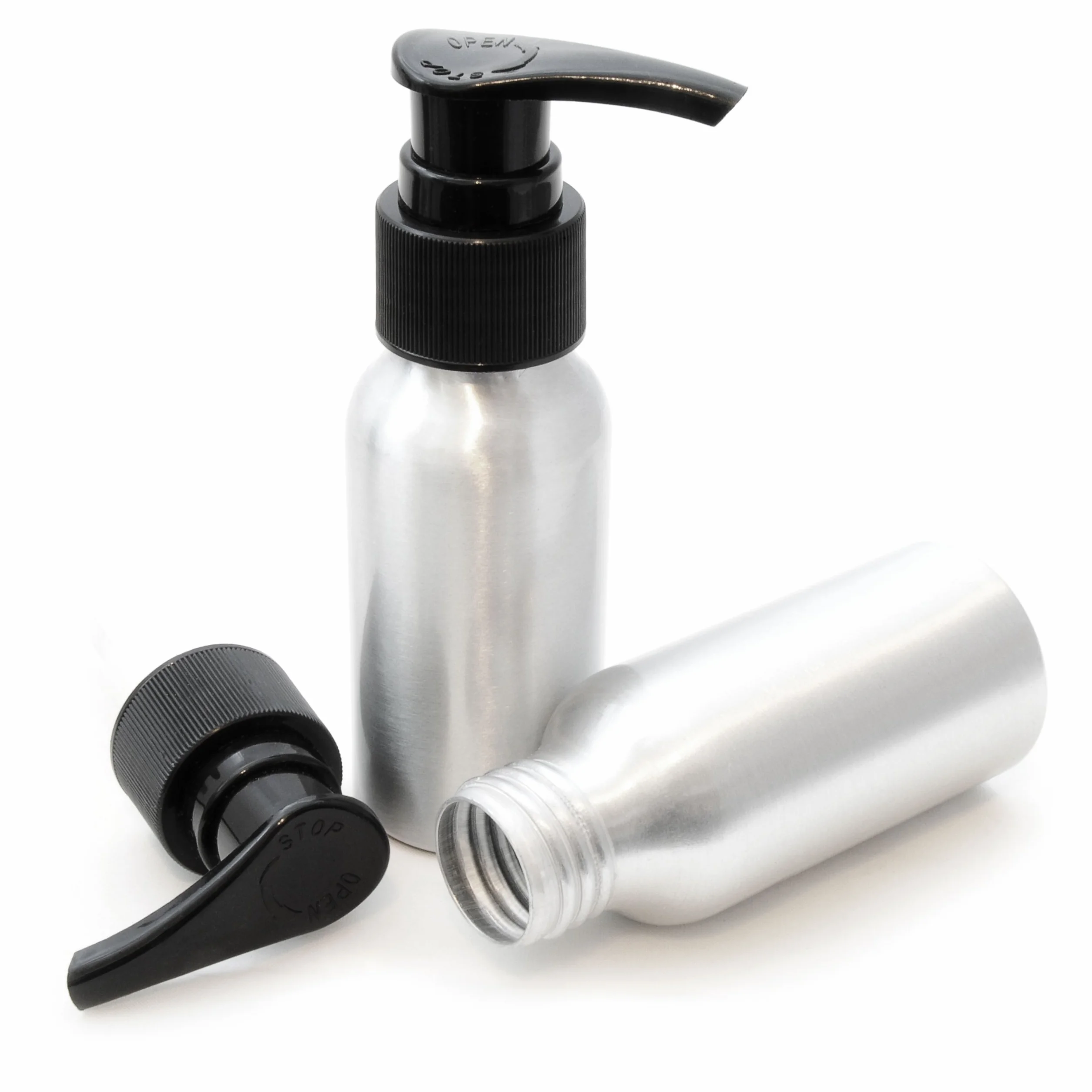 Ganzoo 3 x 50 ml butelki ze szczotkowanego aluminium, srebrne: rozpylacz, dozownik pompka i butelka do napełniania, przenoszenia i organizacji płynów, wysokość 108 mm, średnica podstawy 35 mm, 25 g