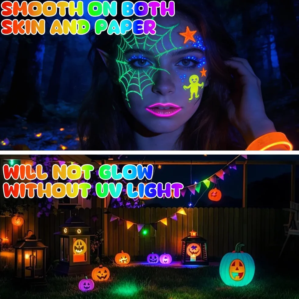 LOPHE Fluorescencyjne kredki do makijażu twarzy i ciała, 18 kolorów zmywalne UV fluorescencyjne kolorowe neonowe zestawy farb do ciała, bezpieczne i nietoksyczne farby do ciała na imprezy, cosplay