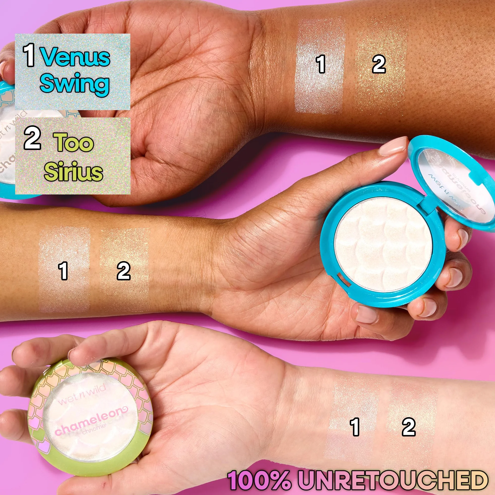 Wet n Wild Chameleon Chrome Highlighter, Rozświetlacz w Pudrze, z Odbijającymi Światło Pigmentami dla Dynamicznej Zmiany Koloru, Konsystencja od Płynnej do Pudrowej, Budowanie Blasku, Too Sirius