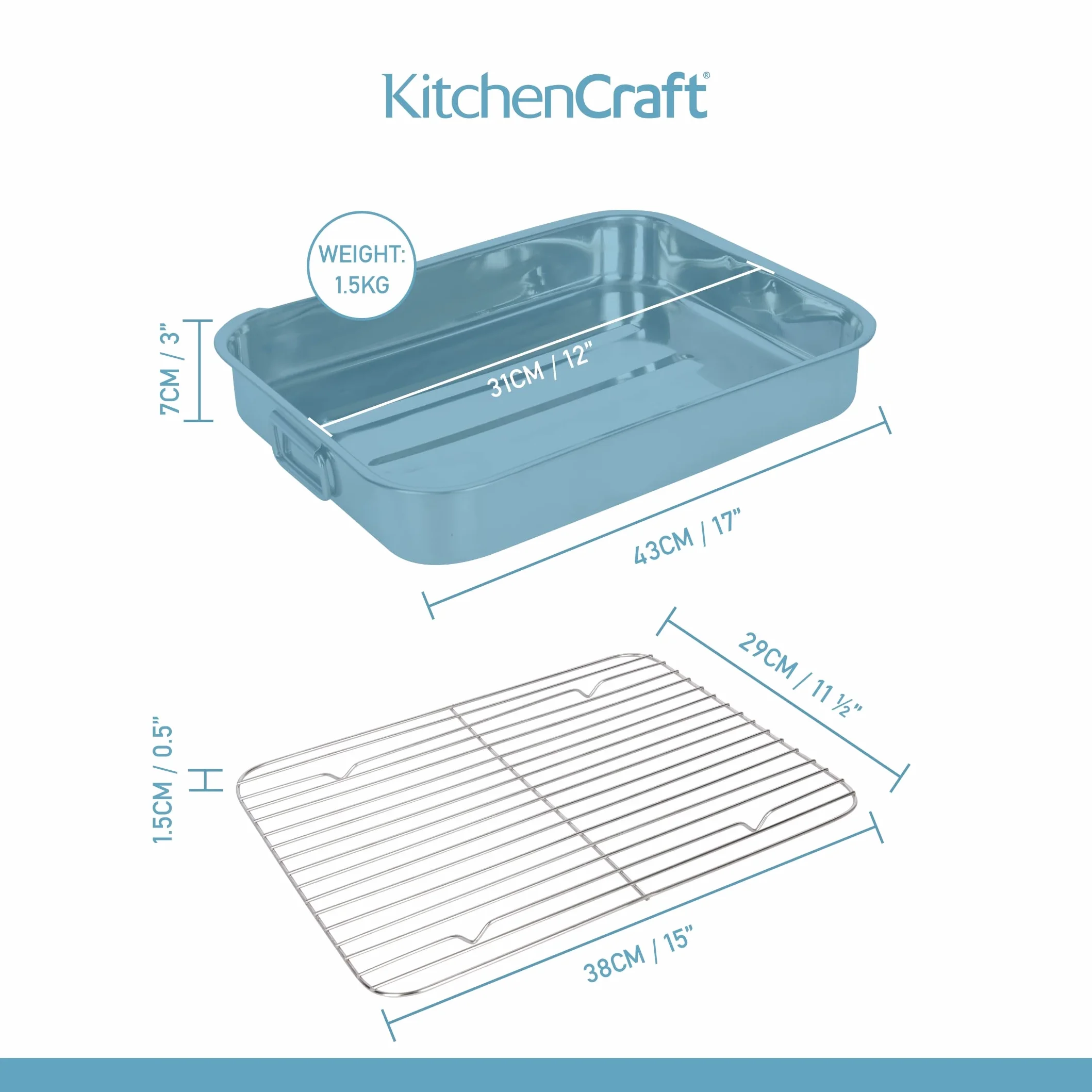KitchenCraft Duża Brytfanna z Rusztem, Stal Nierdzewna, 43 × 31 cm - Kolor Srebrny