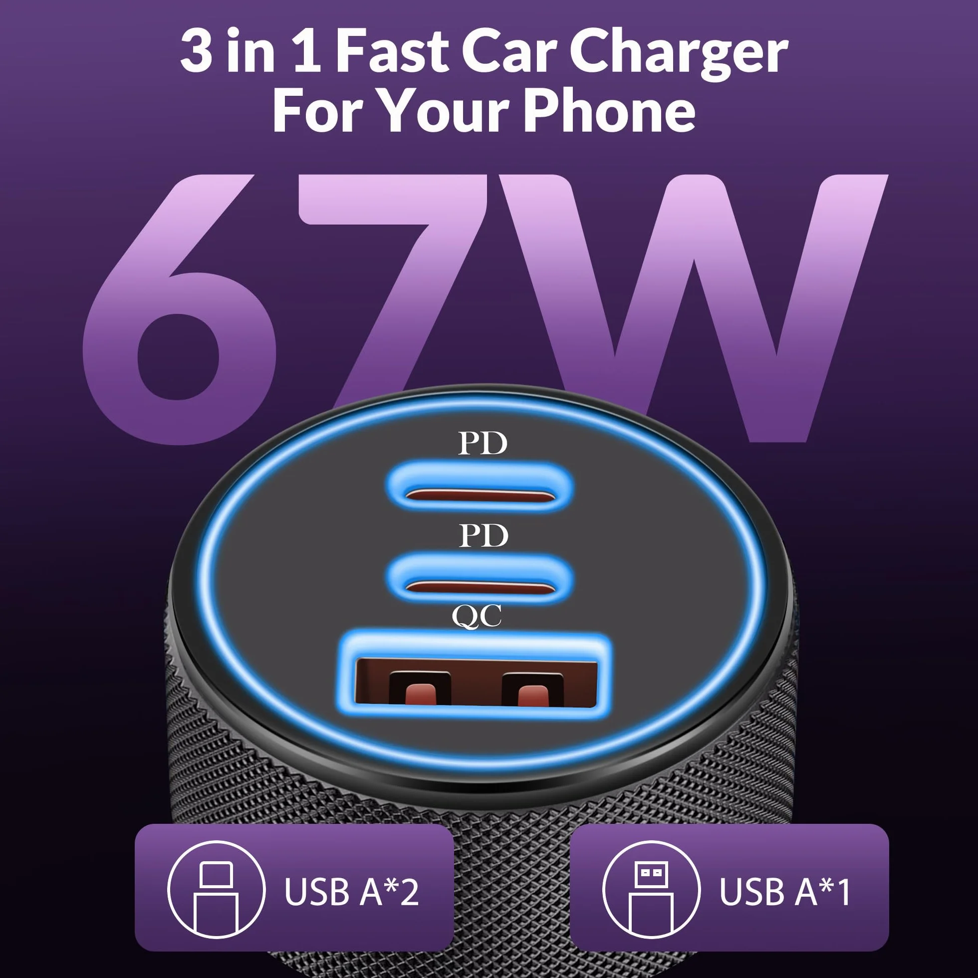 3-Portowa 67W Ładowarka Samochodowa USB C, Ładowarki USBC i USB-A PD/QC Szybkie Ładowanie, Gniazdo 12V Samochodowa do iPhone 16/16e/15/14/13, iPad, Samsung Galaxy S25 S24 S23, Google Pixel 9/8/7