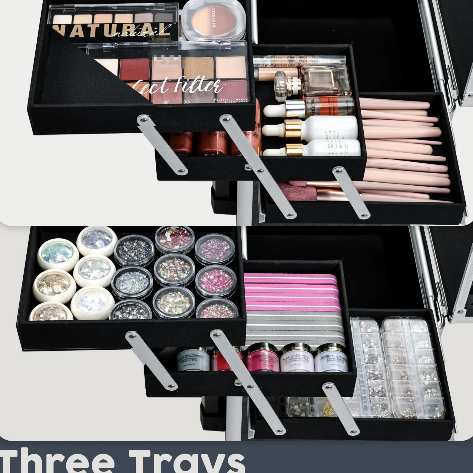 Hododou Rolling Makeup Train Case Przenośny wózek kosmetyczny z kółkami do szuflad, 4 tace, duże dno, Czarny