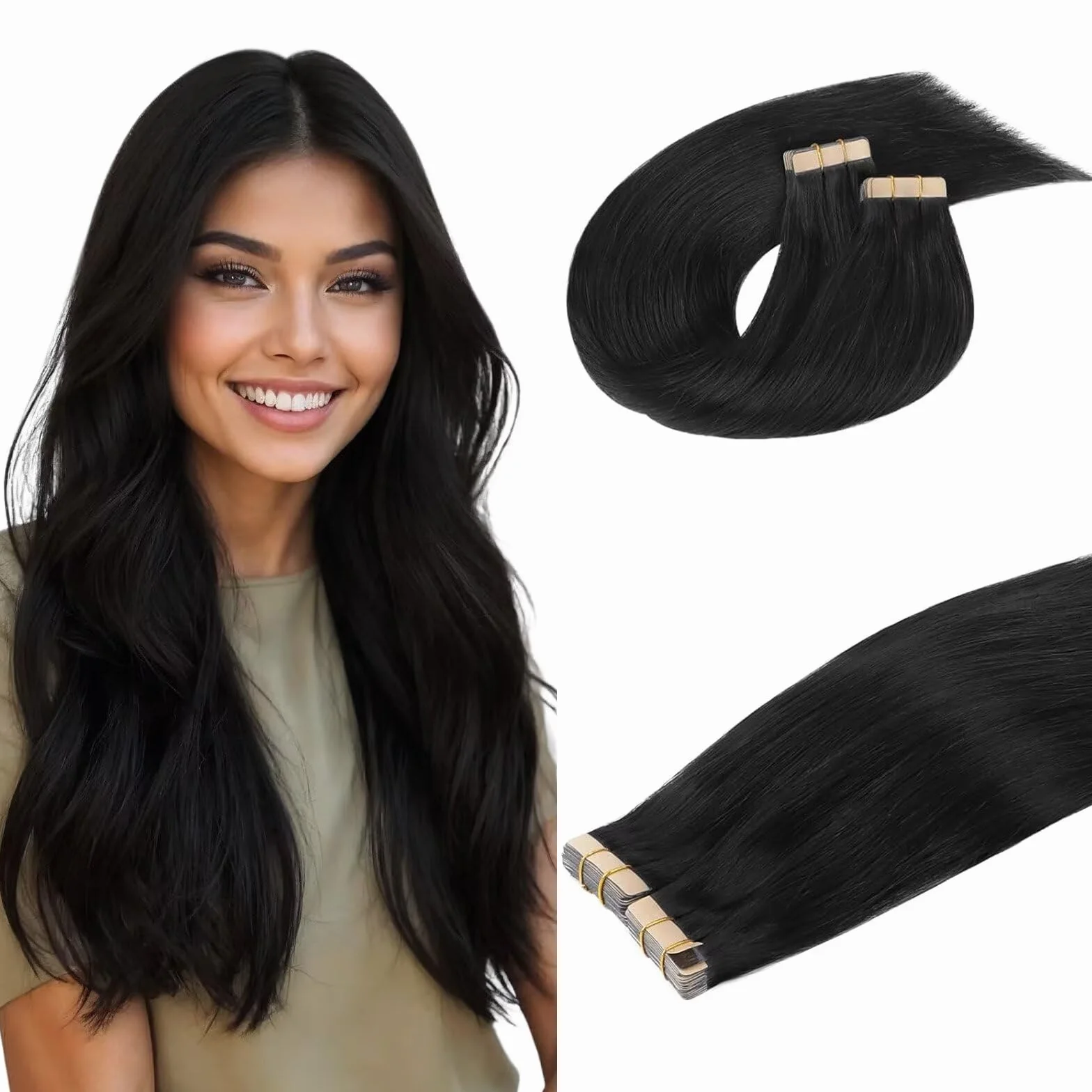DOORES przedłużki do włosów na taśmie, Jet Black 56 cm 100 g 40 szt., przedłużki do włosów ludzkich na taśmie Remy proste pasemka