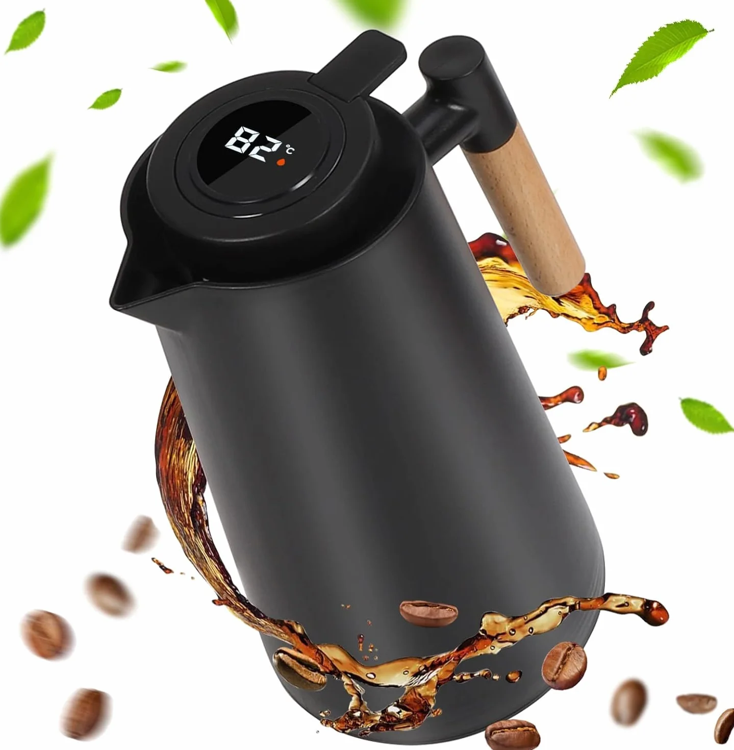 Dreamhigh® Termos 1 l, termos z wyświetlaczem temperatury, dobrze uszczelniony dzbanek do kawy (bez wycieków, bez kapania) – elegancki czarny
