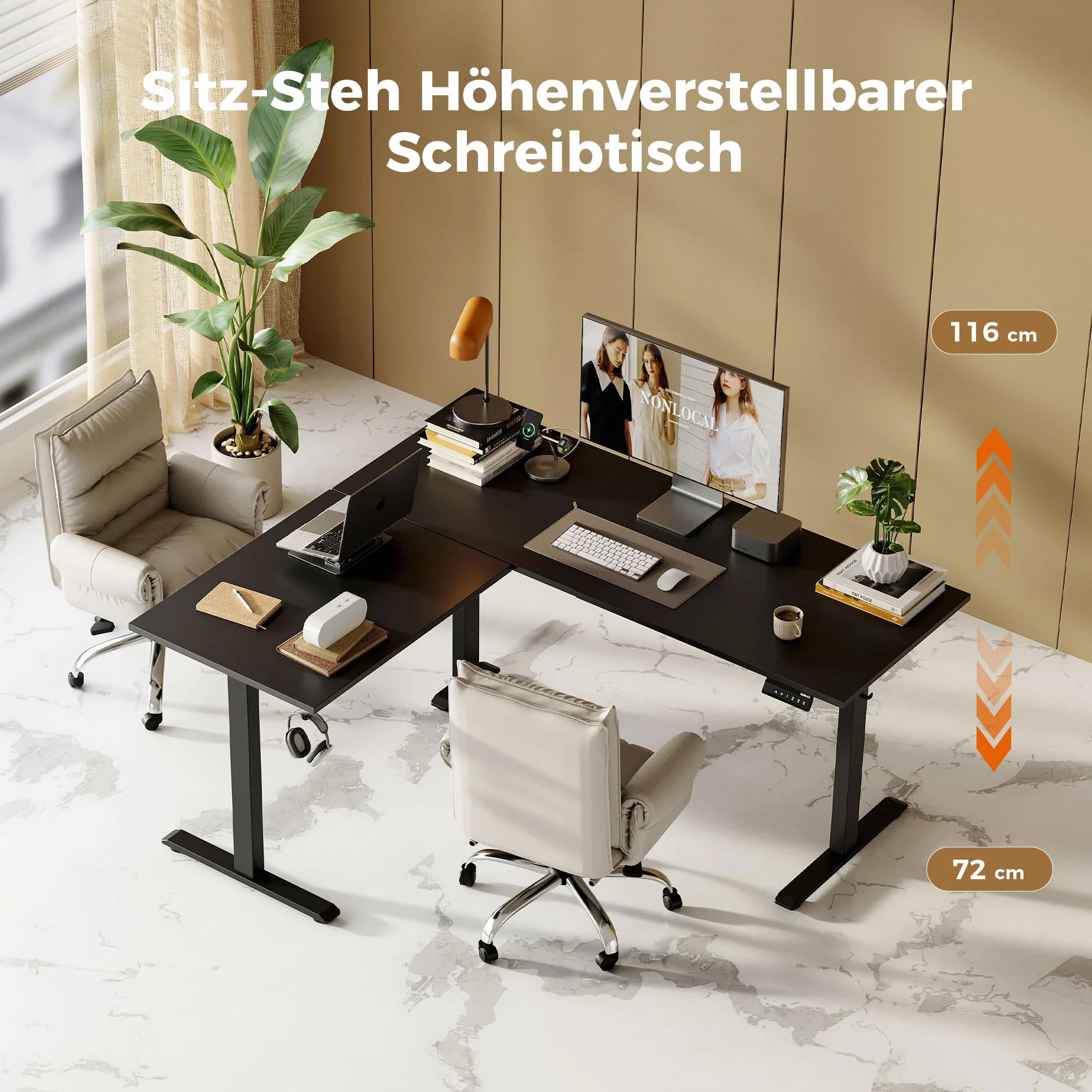 Agilestic biurko w kształcie litery L z regulacją wysokości 150 x 125 cm ergonomiczne biurko komputerowe do pracy stojąco i siedząco czarny