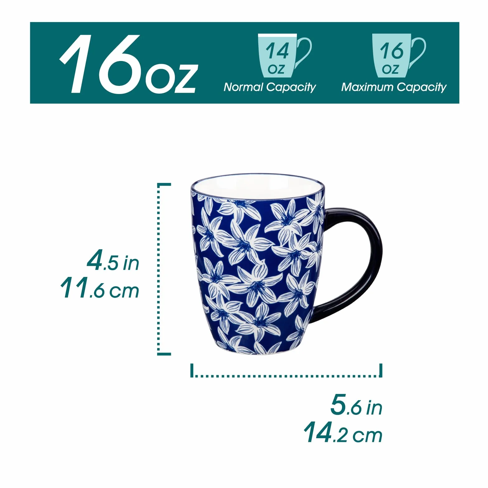 Vancasso Zestaw 6 kubków Selene 480 ml ceramiczne filiżanki do kawy vintage niebiesko-biały