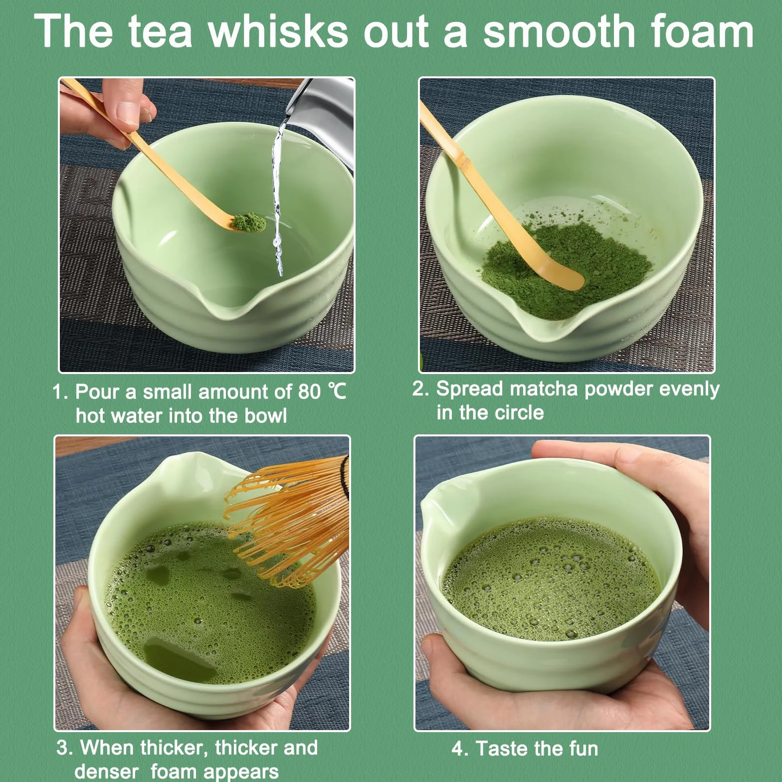 Miotełka do matcha – Zestaw miotełek do matcha – 4-częściowy zestaw z łyżeczką i ceramicznym uchwytem – idealny do przygotowania matcha i ceremonii – cyjanowy