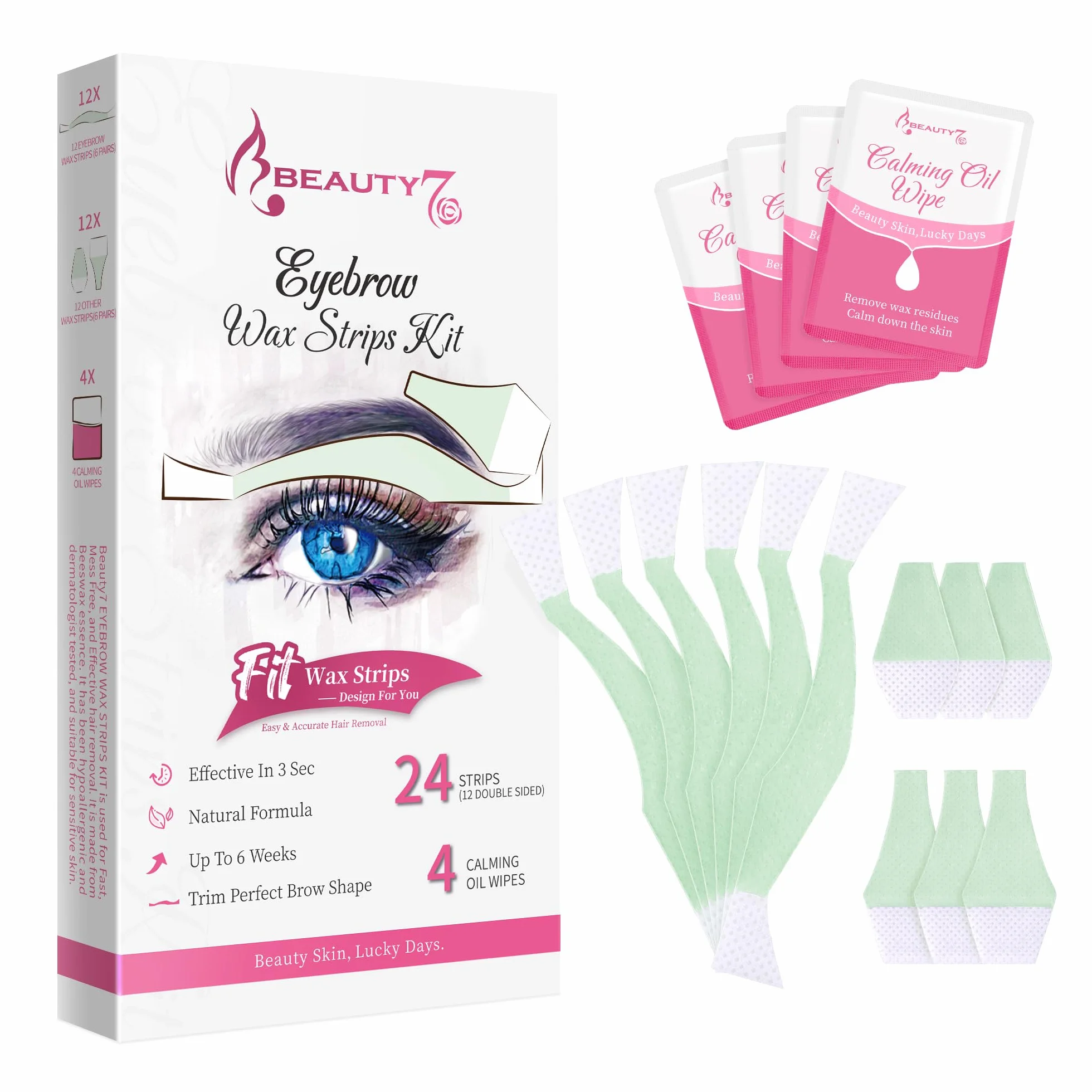 Beauty7 Wstępnie przycięte wstążki woskowe do brwi, 24 szt., pasek, czyste z 4 ściereczkami do czyszczenia oleju, bezboleśnie